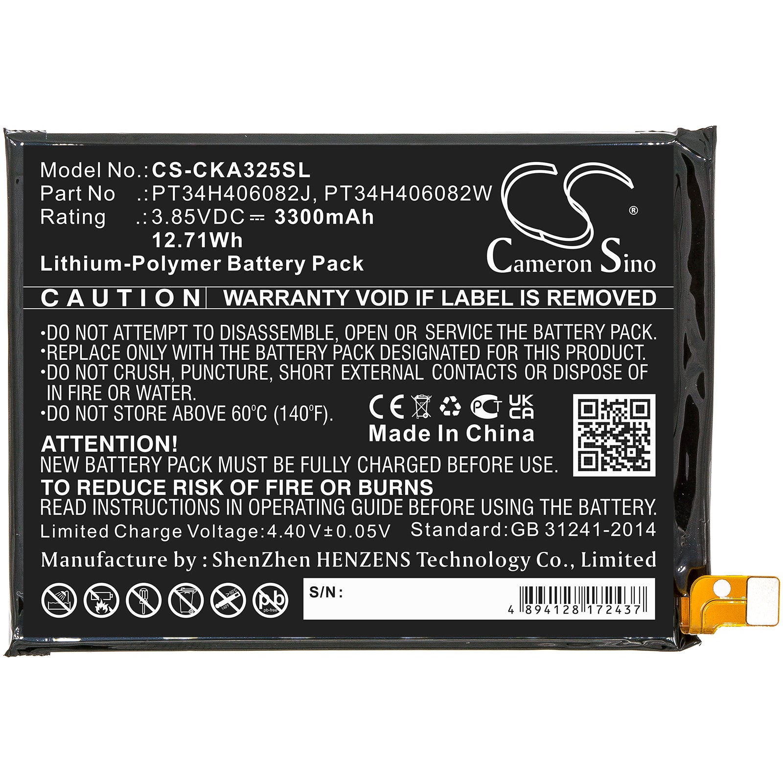 Li-Polymer, Mobile, SmartPhone Battery fits Blu B140dl, View 3, 3.85V, 3300mAh Mobile, SmartPhone Cameron Sino Technology Limited