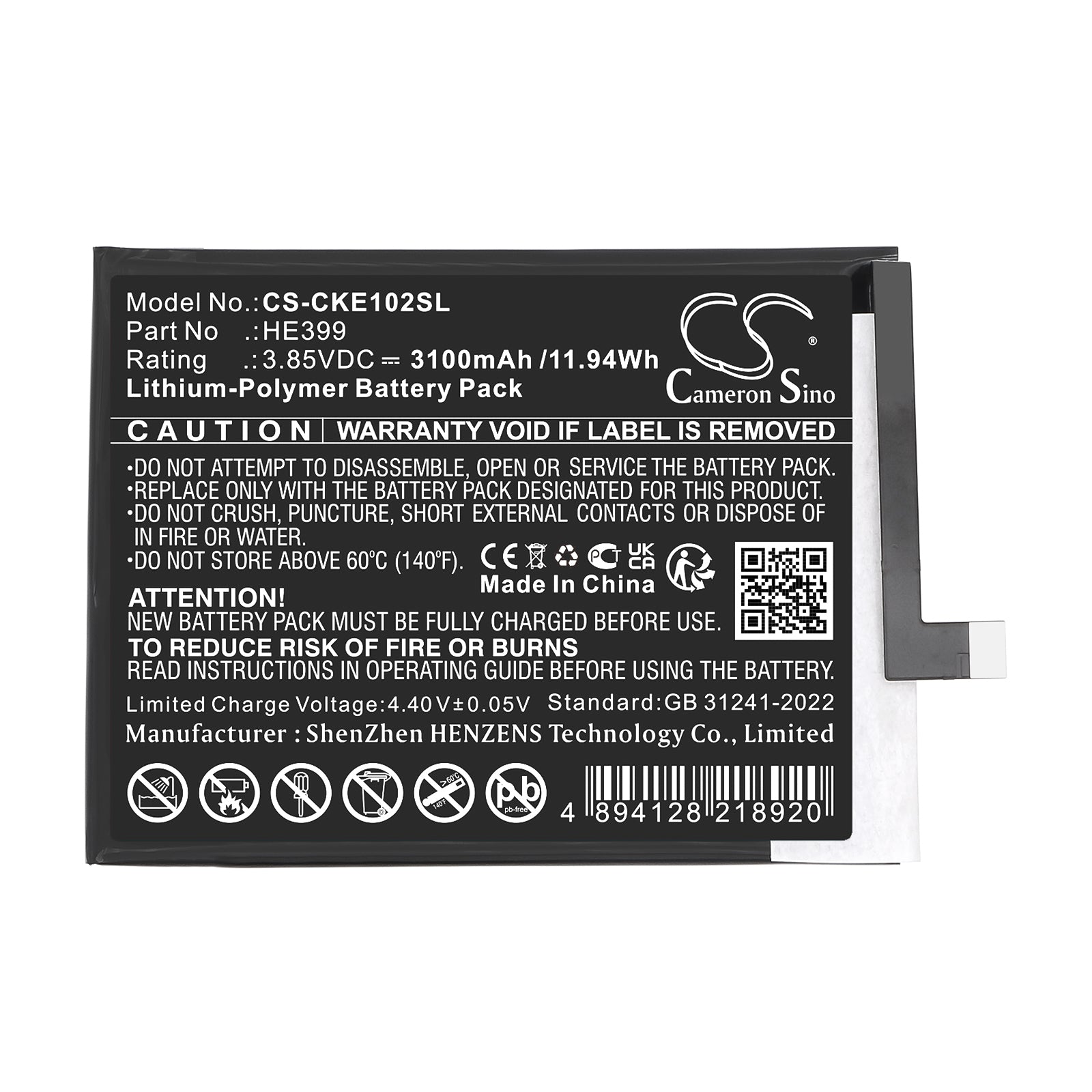 3.85V, Li-Polymer, 3100mAh, Battery fits Cricket EC1002, Ovation 2, 11.94Wh Mobile, SmartPhone Cameron Sino Technology Limited