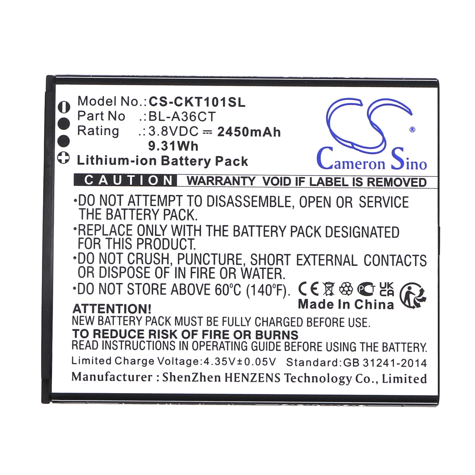Li-ion, Mobile, SmartPhone Battery fits Cricket Debut Smart, Sl101ae, 3.8V, 2450mAh Mobile, SmartPhone Cameron Sino Technology Limited