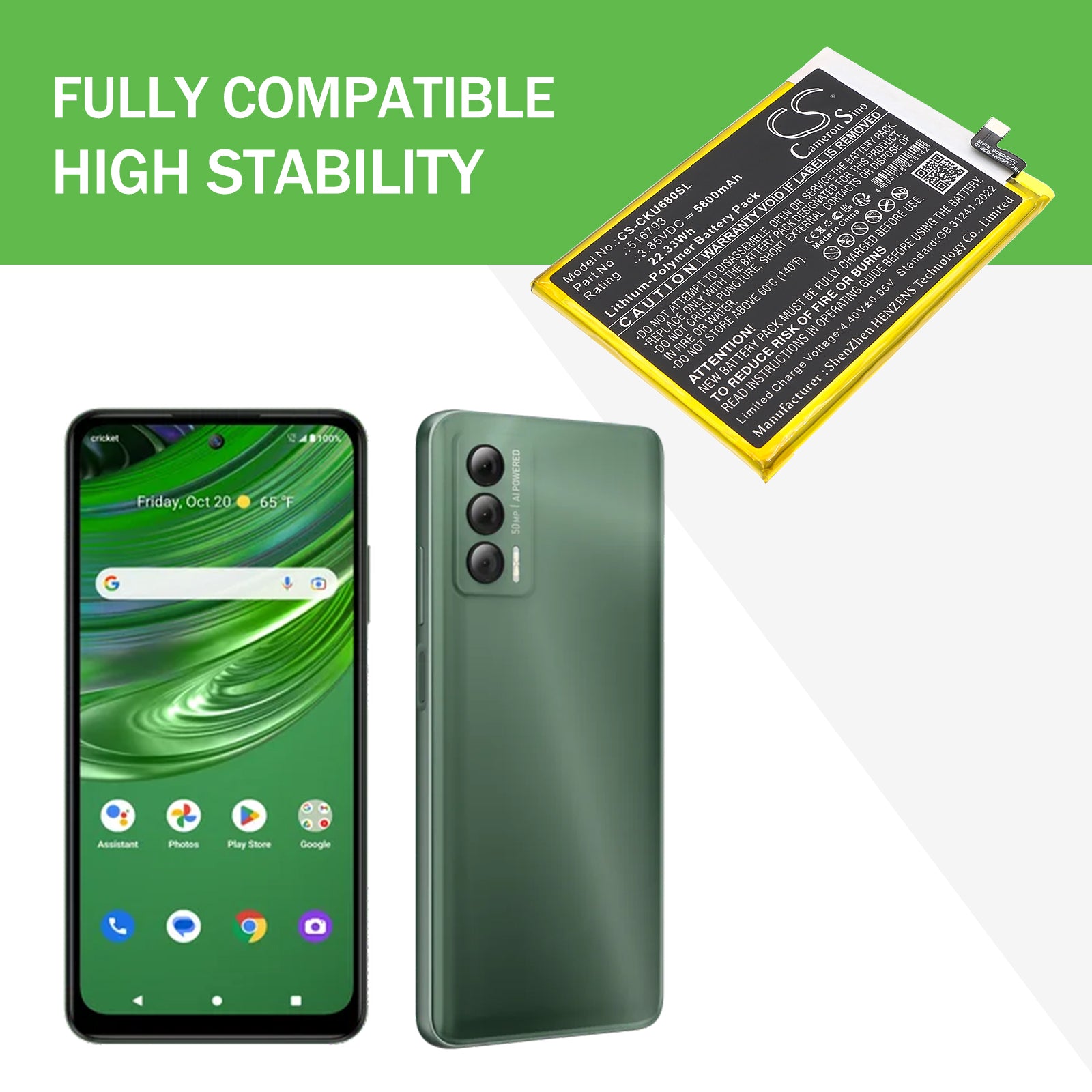 3.85V, Li-Polymer, 5800mAh, Battery fits Cricket Outlast, U680AC, 22.33Wh Mobile, SmartPhone Cameron Sino Technology Limited