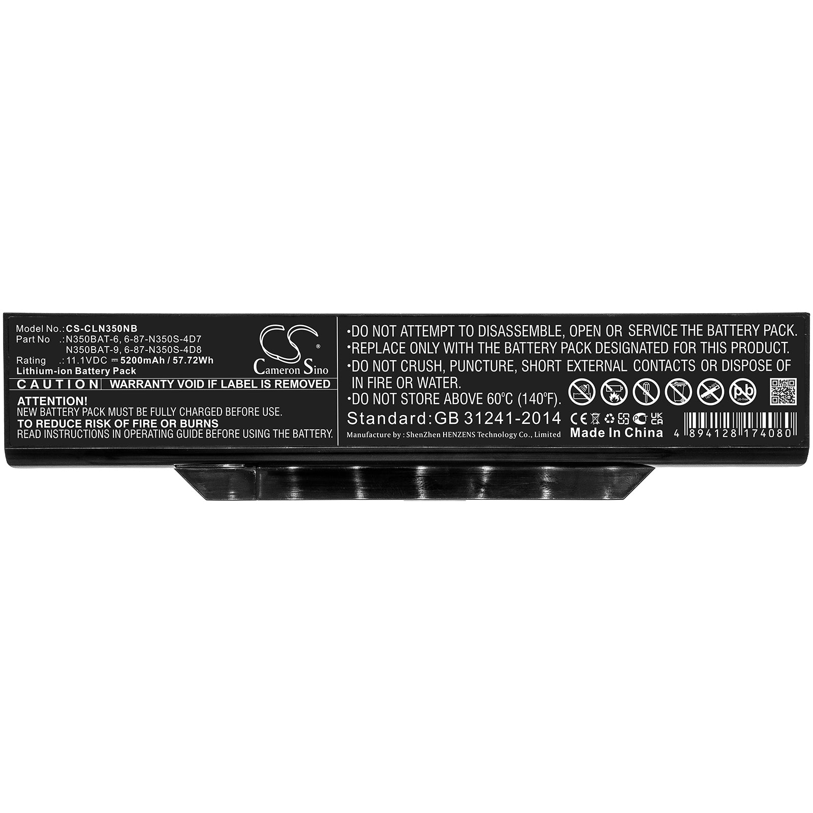 Li-ion, Notebook, Laptop Battery fits Clevo B519ii(47781)(n350tw), B519ii(n350tw), 11.1V, 5200mAh Notebook, Laptop Cameron Sino Technology Limited