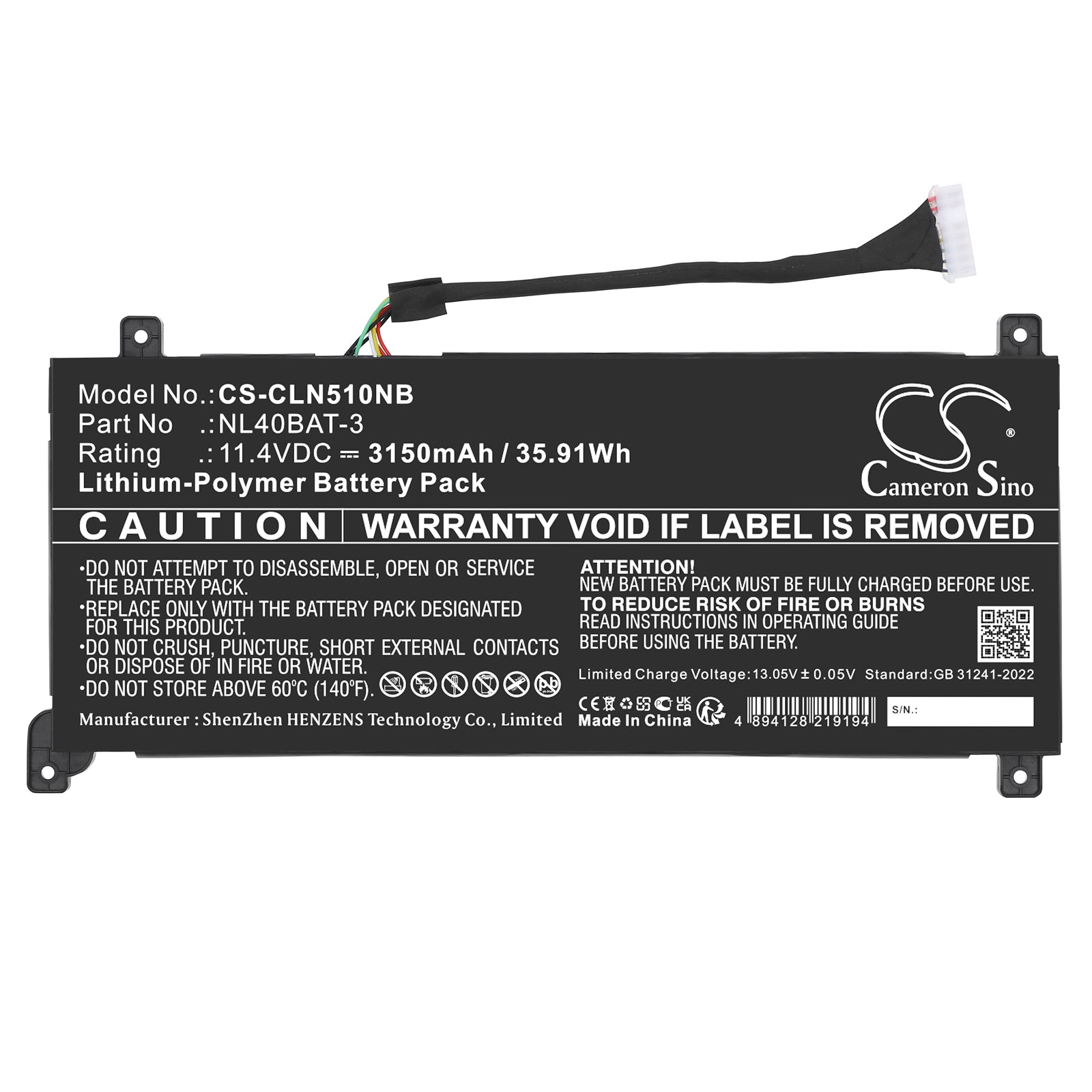 11.4V, Li-Polymer, 3150mAh, Battery fits Clevo NL40MU, NL40PU, 35.91Wh Notebook, Laptop Cameron Sino Technology Limited