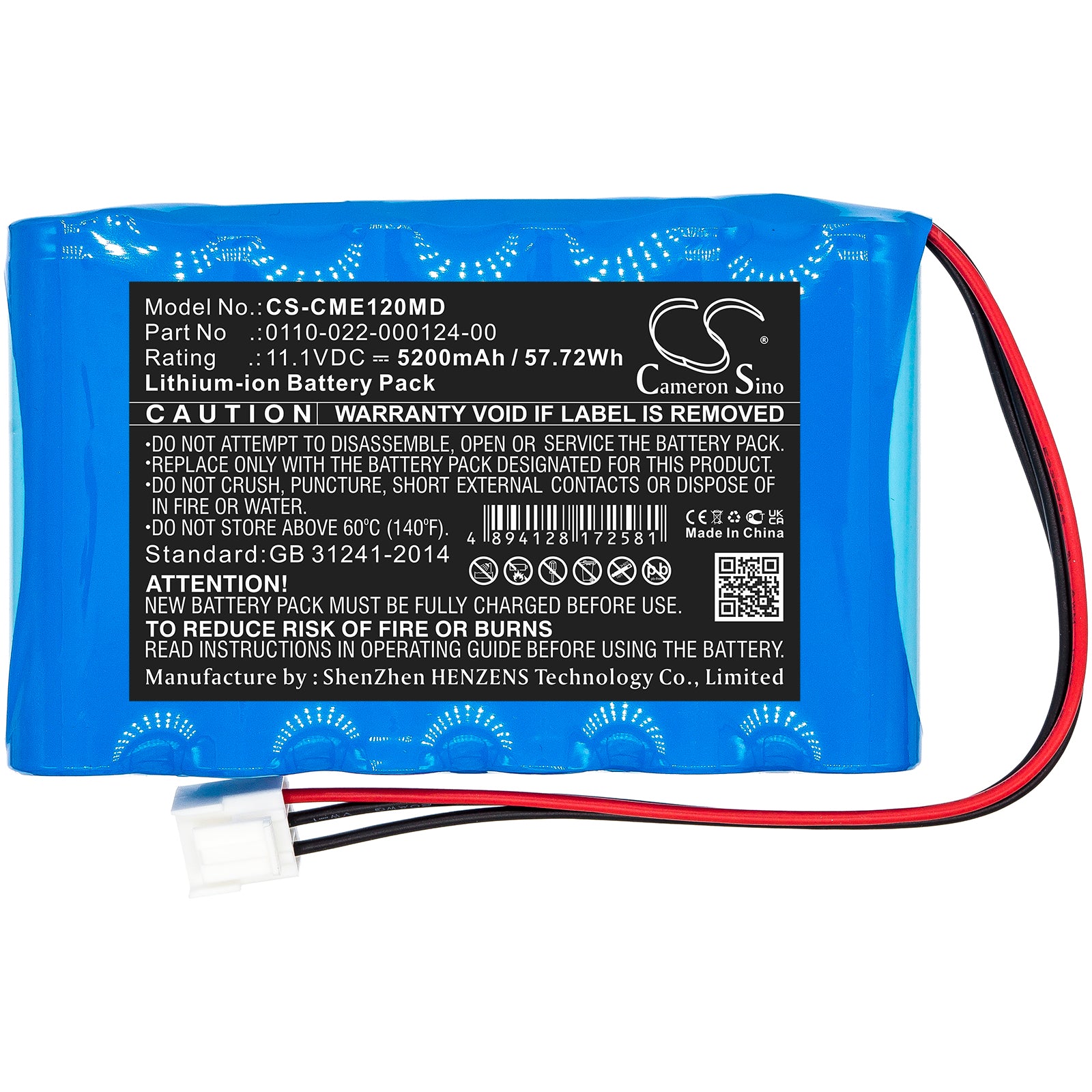 Li-ion, Medical Battery fits Comen Cm-1200a Ecg, 11.1V, 5200mAh Medical Cameron Sino Technology Limited