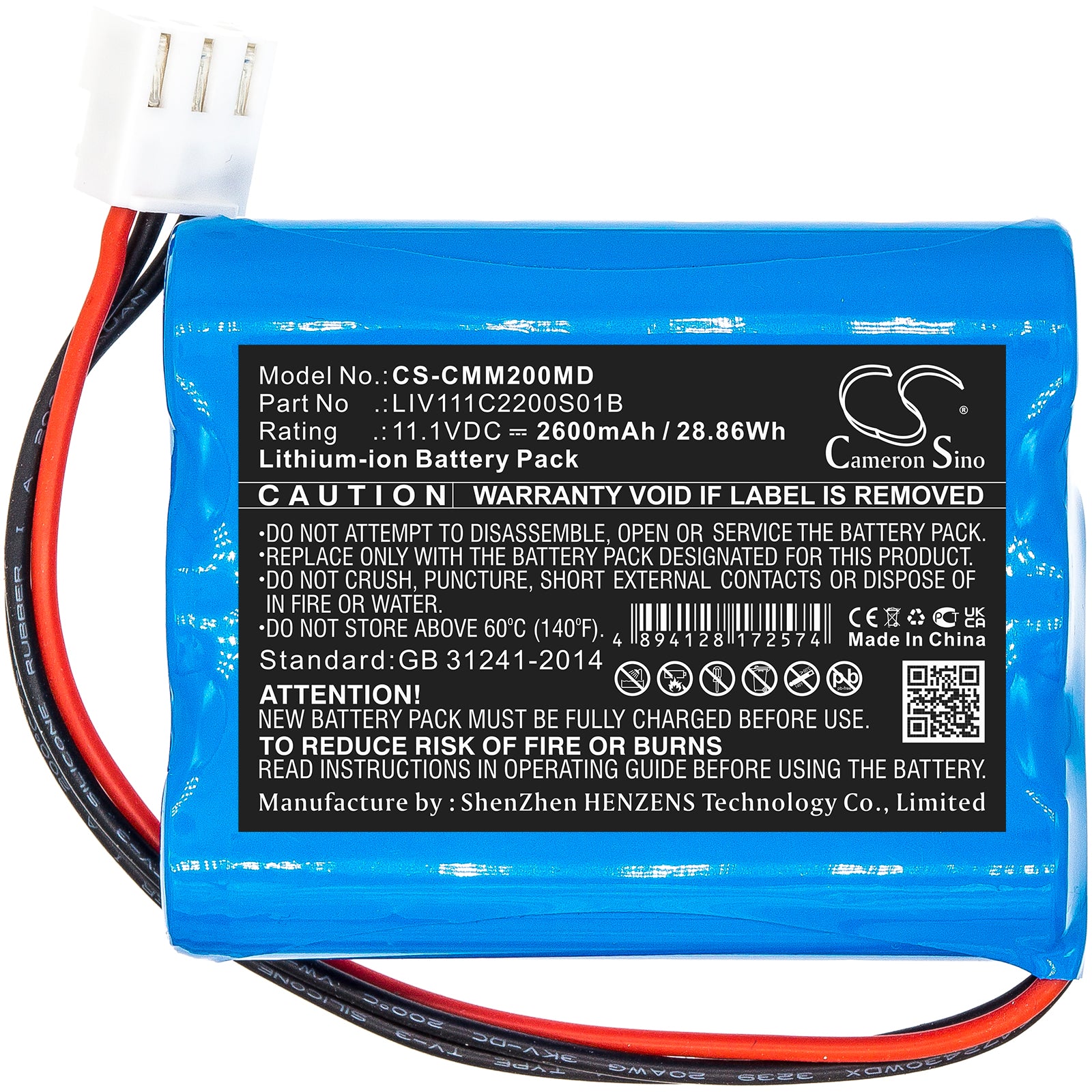 Li-ion, Medical Battery fits Comen M2000a, 11.1V, 2600mAh Medical Cameron Sino Technology Limited