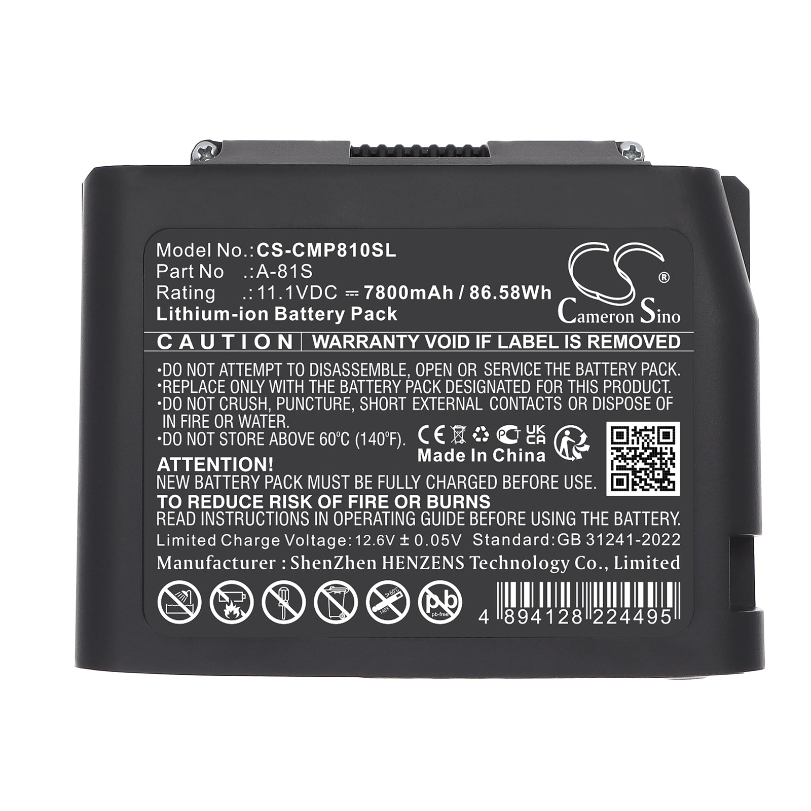 11.1V, Li-ion, 7800mAh, Battery fits Comptyco A-81S Fusion Splicer, FS-60C Fusion Splicer, 86.58Wh Equipment, Survey, Test Cameron Sino Technology Limited