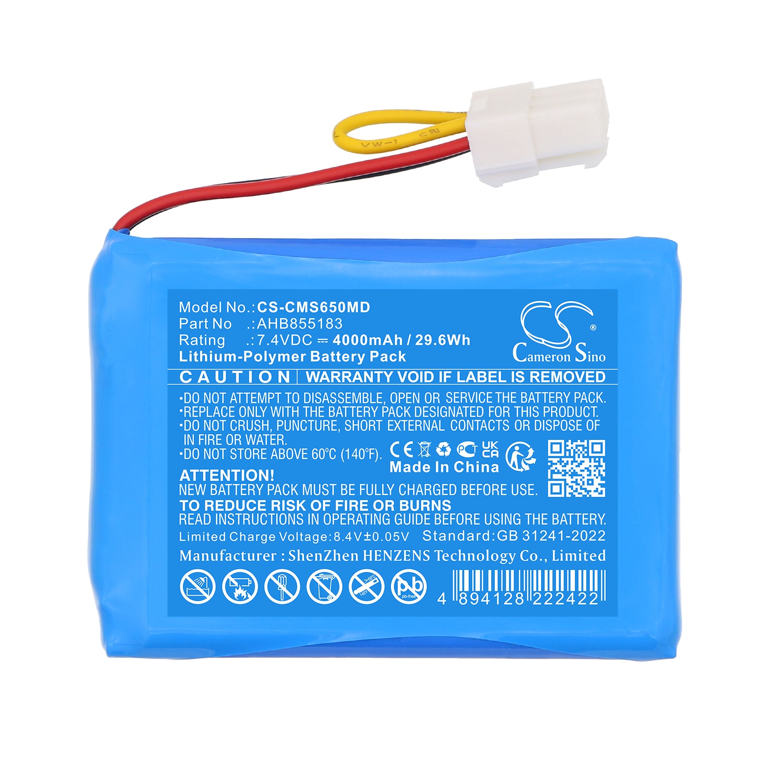 7.4V, Li-Polymer, 4000mAh, Battery fits CONTEC CMS5000, CMS6000, 29.6Wh Medical Cameron Sino Technology Limited