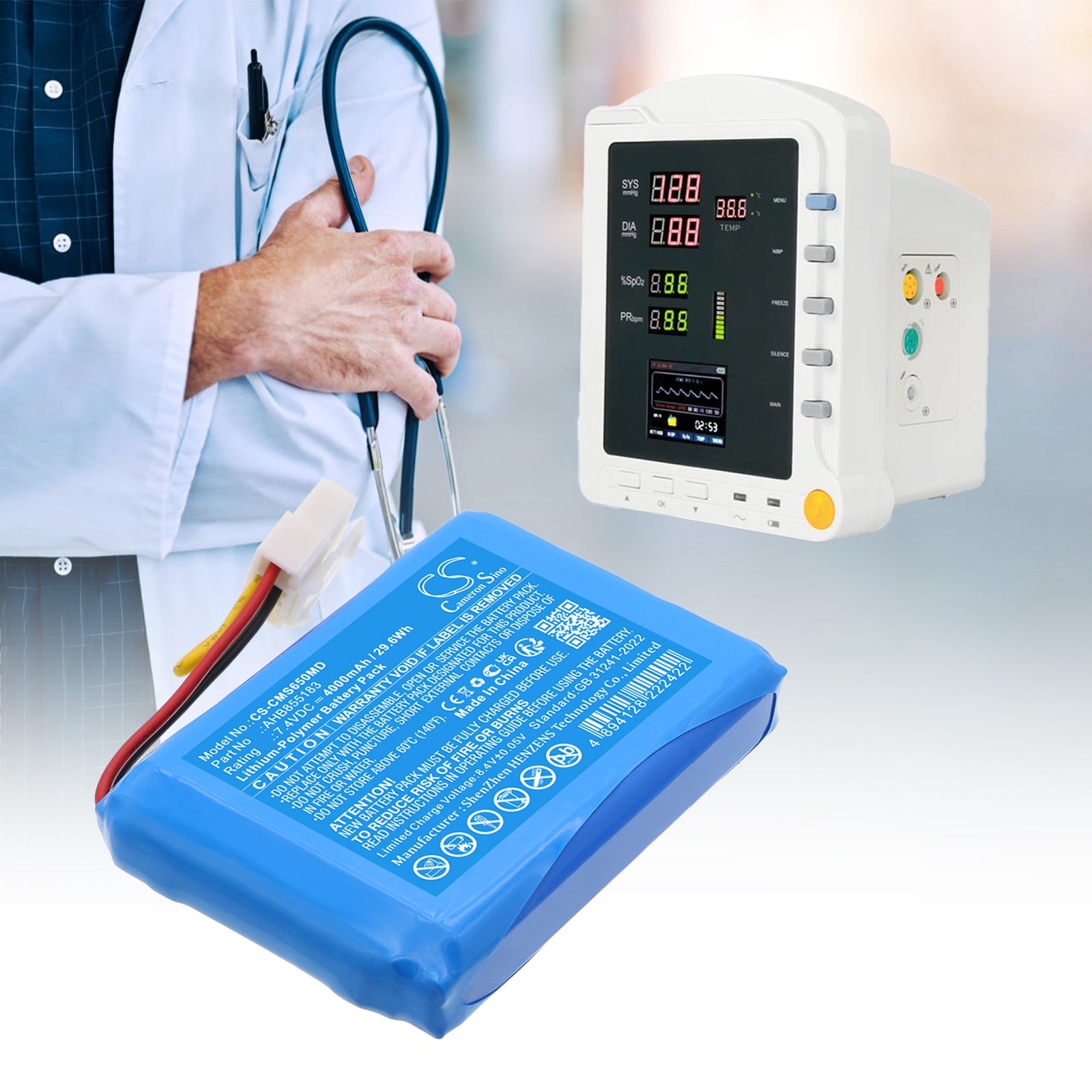 7.4V, Li-Polymer, 4000mAh, Battery fits CONTEC CMS5000, CMS6000, 29.6Wh Medical Cameron Sino Technology Limited