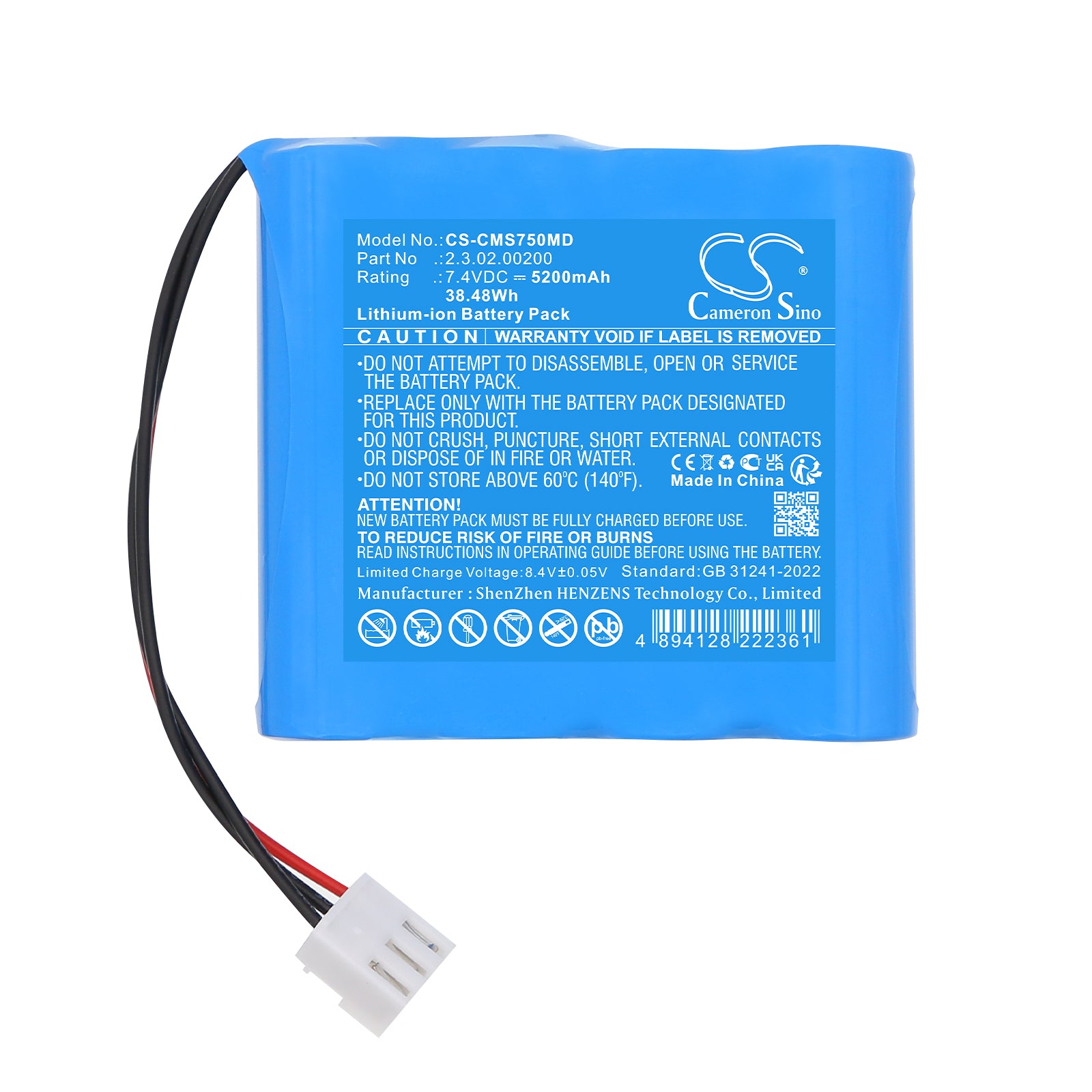 7.4V, Li-ion, 5200mAh, Battery fits CONTEC HMS7500, 38.48Wh Medical Cameron Sino Technology Limited