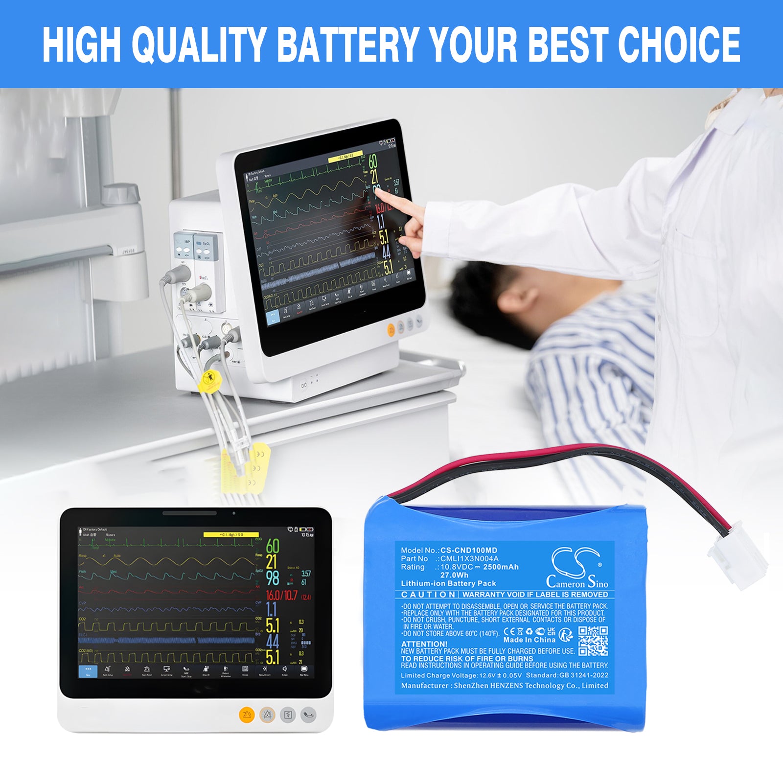 10.8V, Li-ion, 2500mAh, Battery fits COMEN ND10 Monitor, ND10A Monitor, 27Wh Medical Cameron Sino Technology Limited