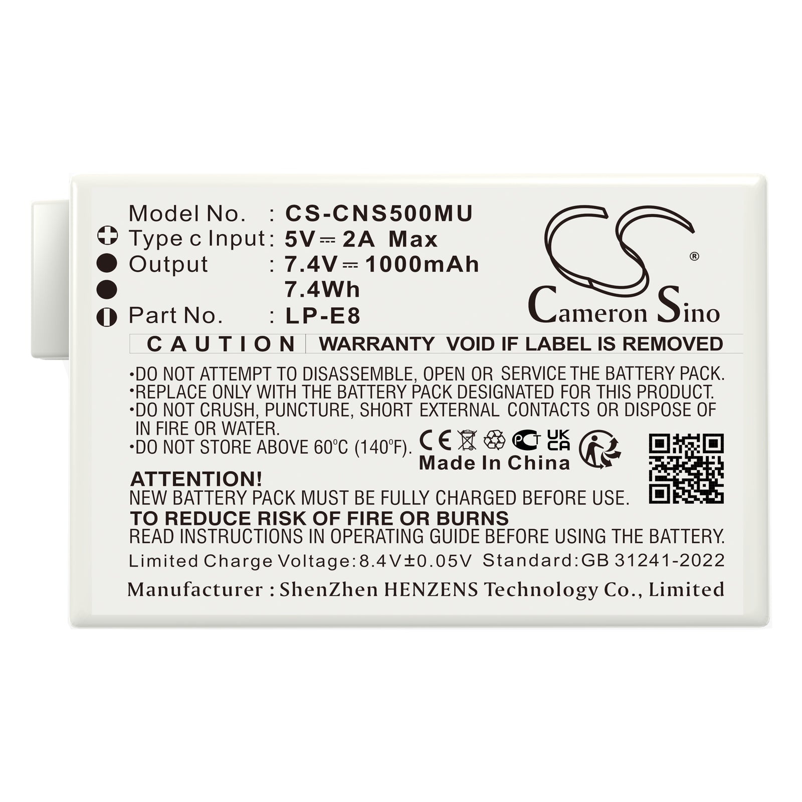 7.4V, Li-ion, 1000mAh, Battery fits Canon EF-S, EOS 550D, 7.4Wh Camera Cameron Sino Technology Limited