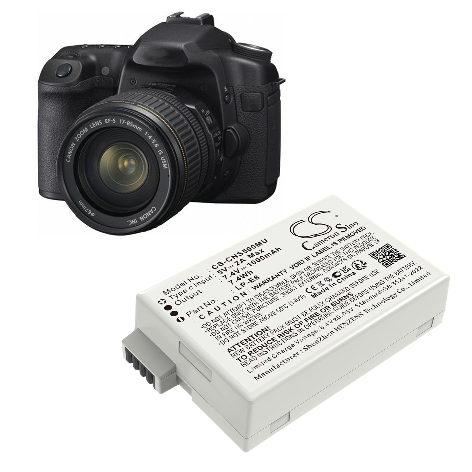 7.4V, Li-ion, 1000mAh, Battery fits Canon EF-S, EOS 550D, 7.4Wh Camera Cameron Sino Technology Limited