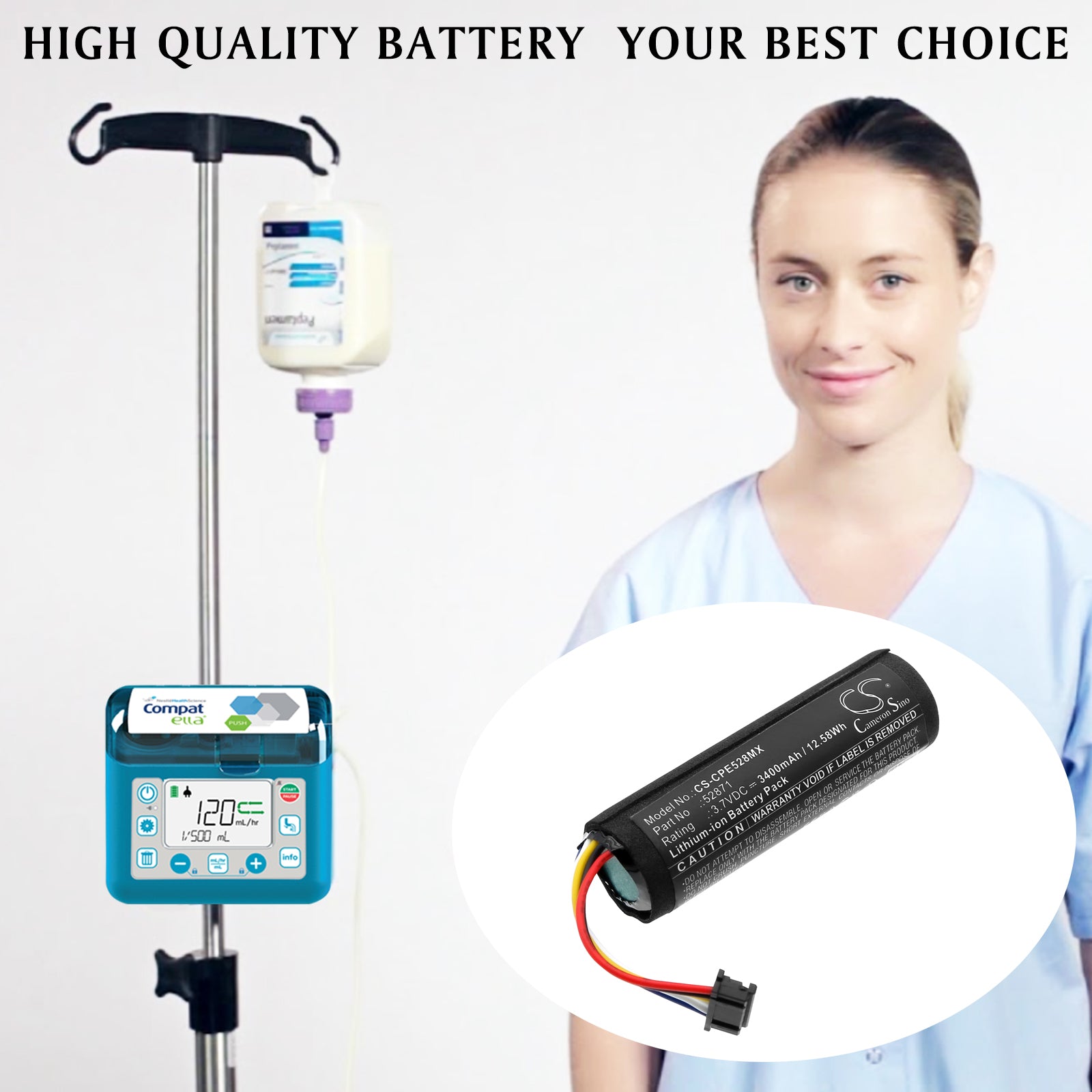 3.7V, Li-ion, 3400mAh, Battery fits Compat Ella 12272020, feeding pump, 12.58Wh Medical Cameron Sino Technology Limited