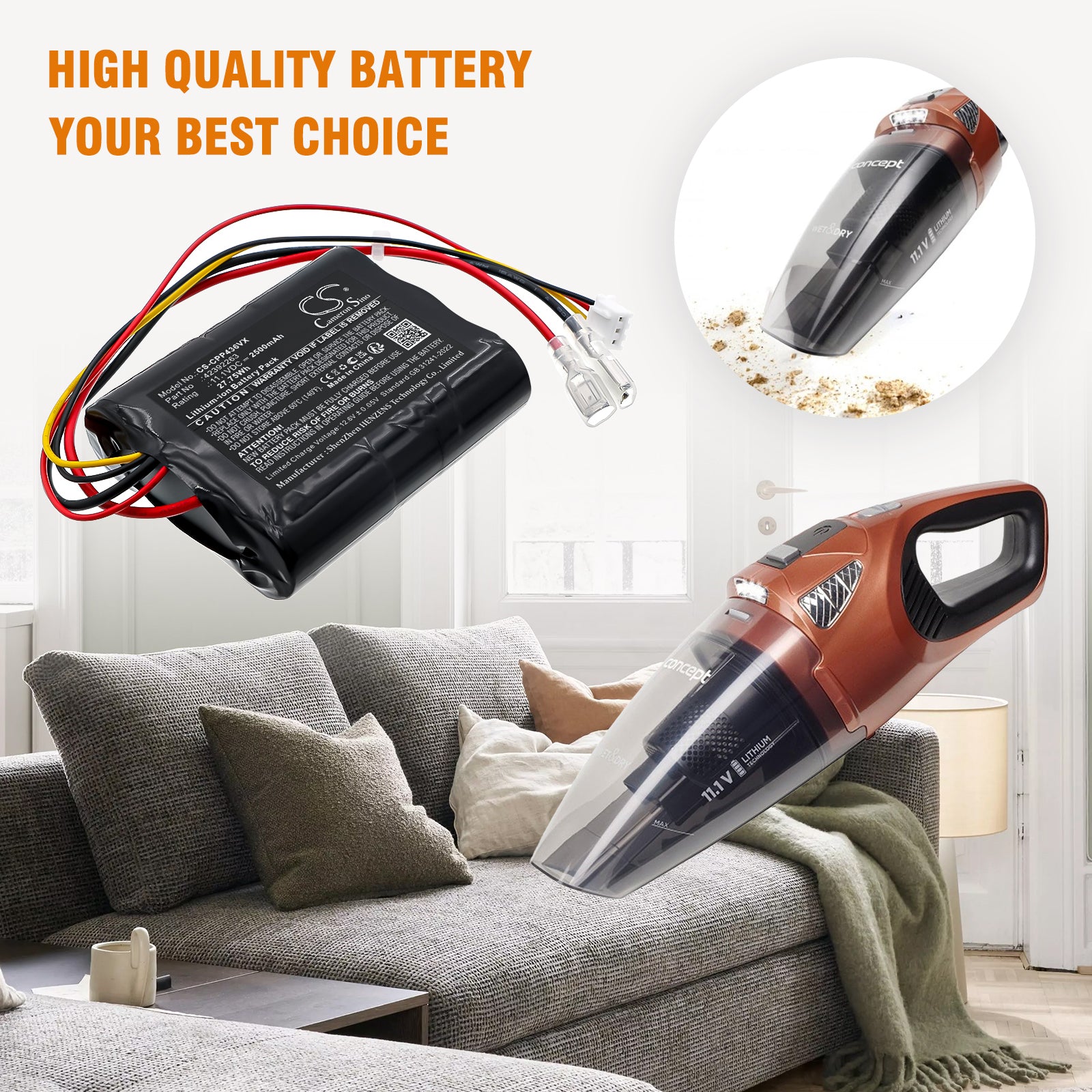 11.1V, Li-ion, 2500mAh, Battery fits Concept VP4360, 27.75Wh Vacuum Cameron Sino Technology Limited