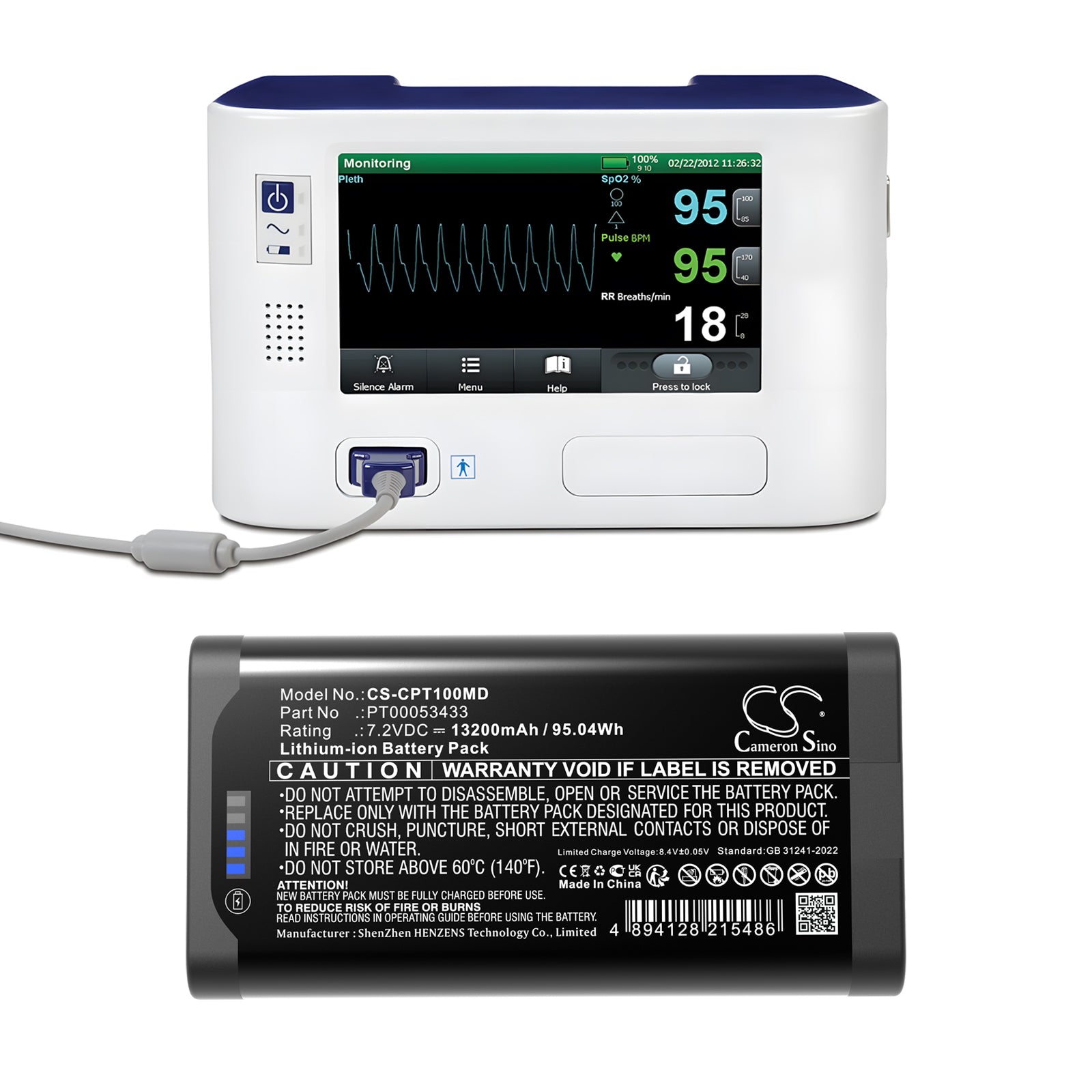 7.2V, Li-ion, 13200mAh, Battery fits Covidien Nellcor PM1000N Pulse Oximeter, 95.04Wh Medical Cameron Sino Technology Limited