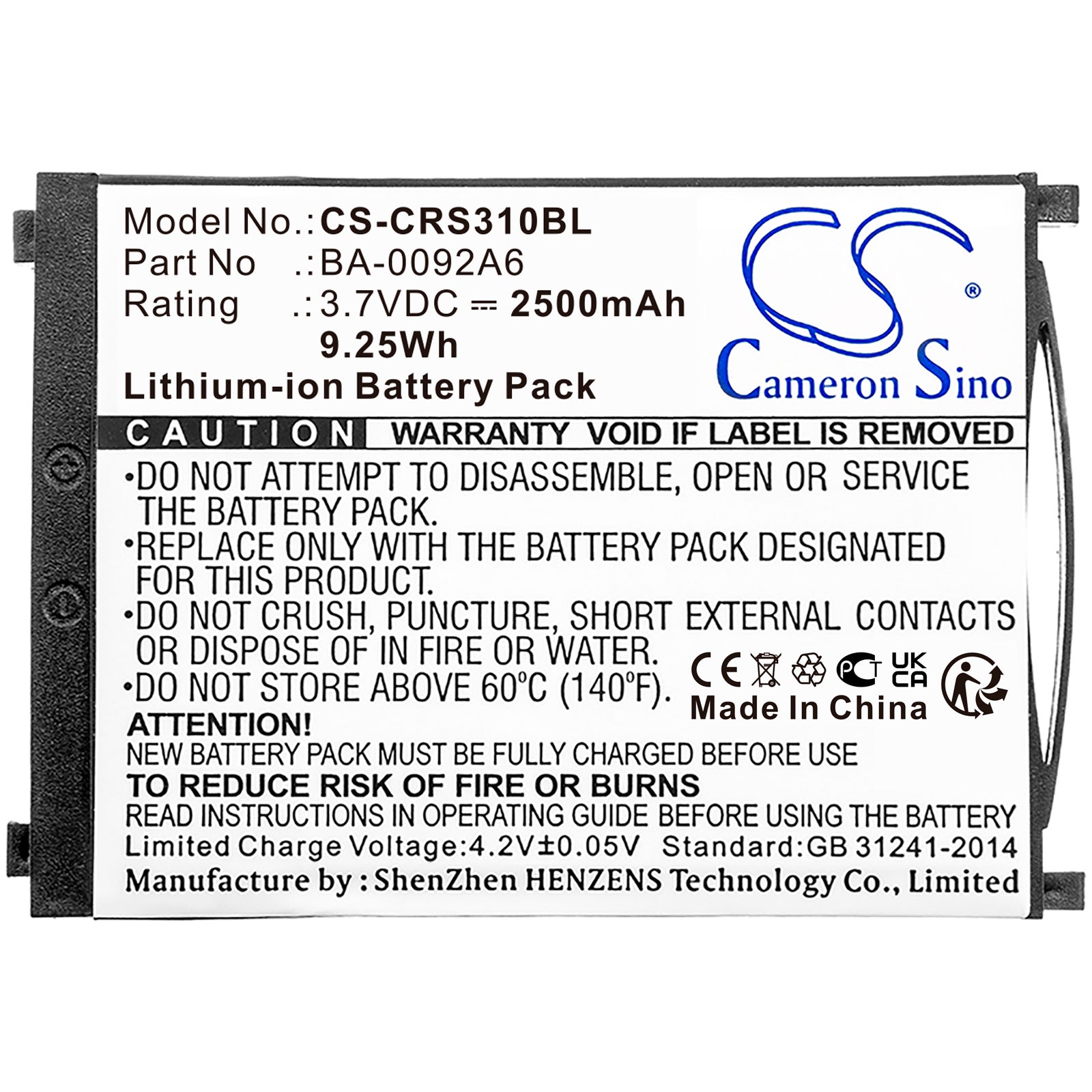 Li-ion, Barcode Scanner Battery fits Cipherlab Rs31, 3.7V, 2500mAh Barcode Scanner Cameron Sino Technology Limited