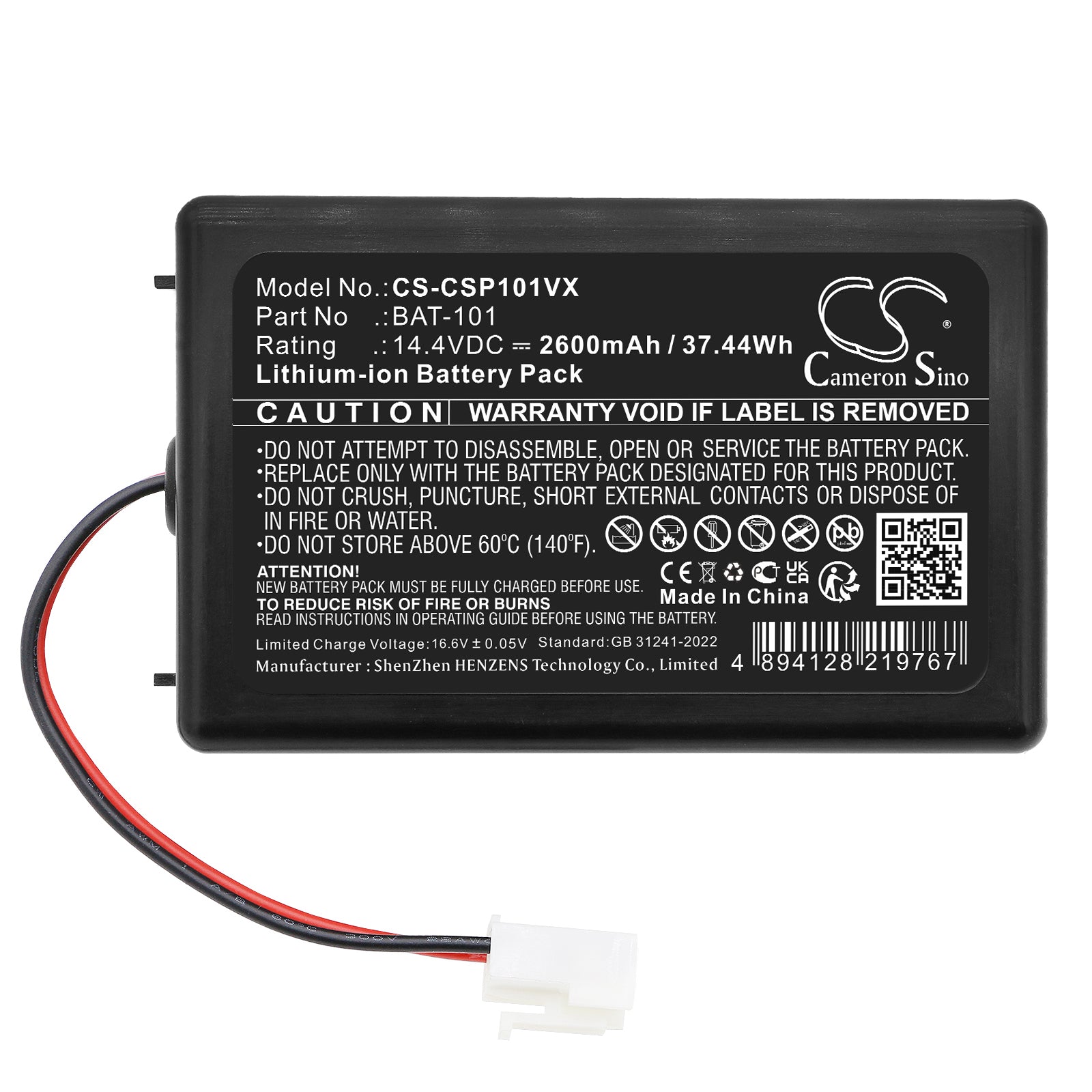 14.4V, Li-ion, 2600mAh, Battery fits Cleanmaxx Smart Plus, 37.44Wh Vacuum Cameron Sino Technology Limited