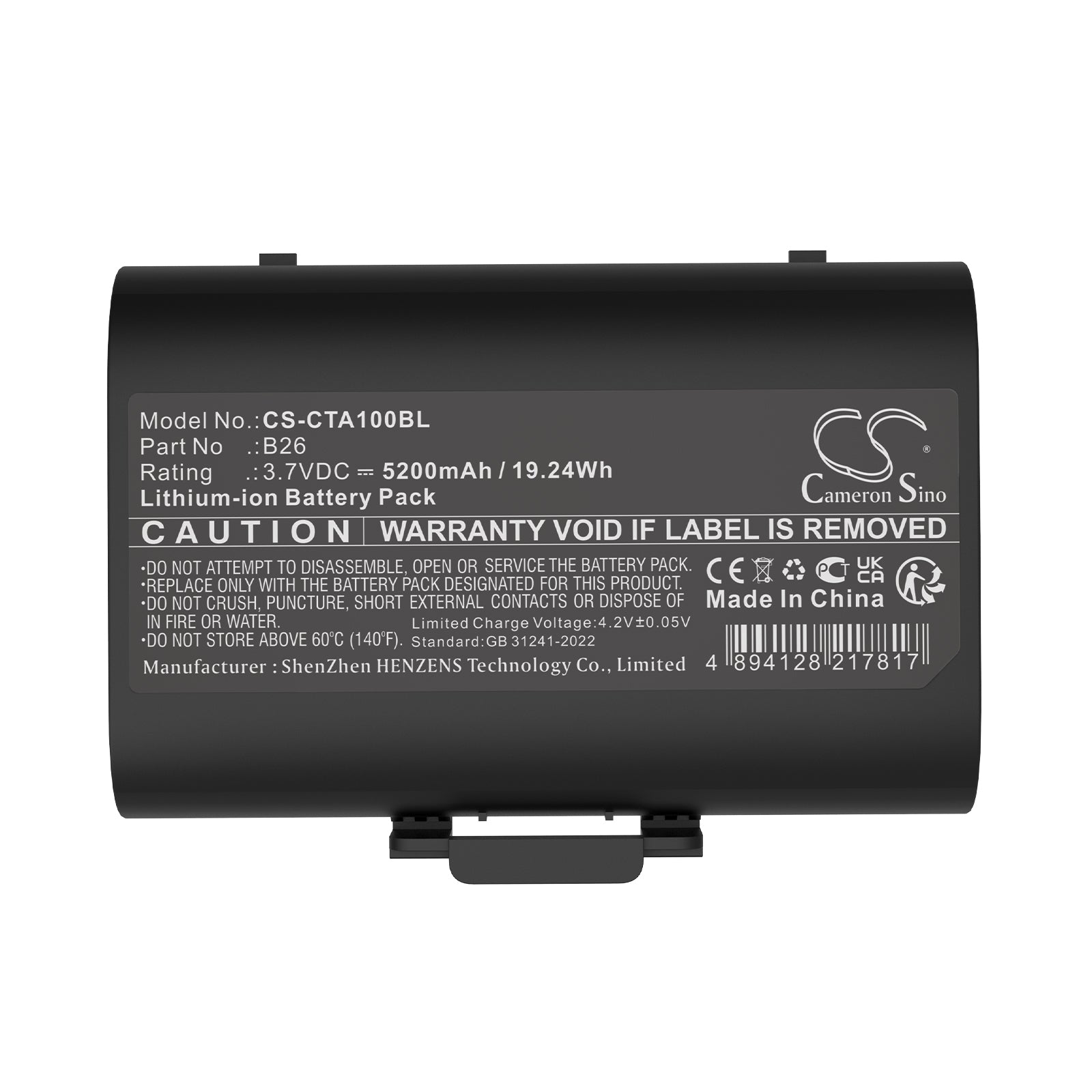 3.7V, Li-ion, 5200mAh, Battery fits Castles Saturn 1000 S1F2, Saturn 1000F, 19.24Wh Payment Terminal Cameron Sino Technology Limited
