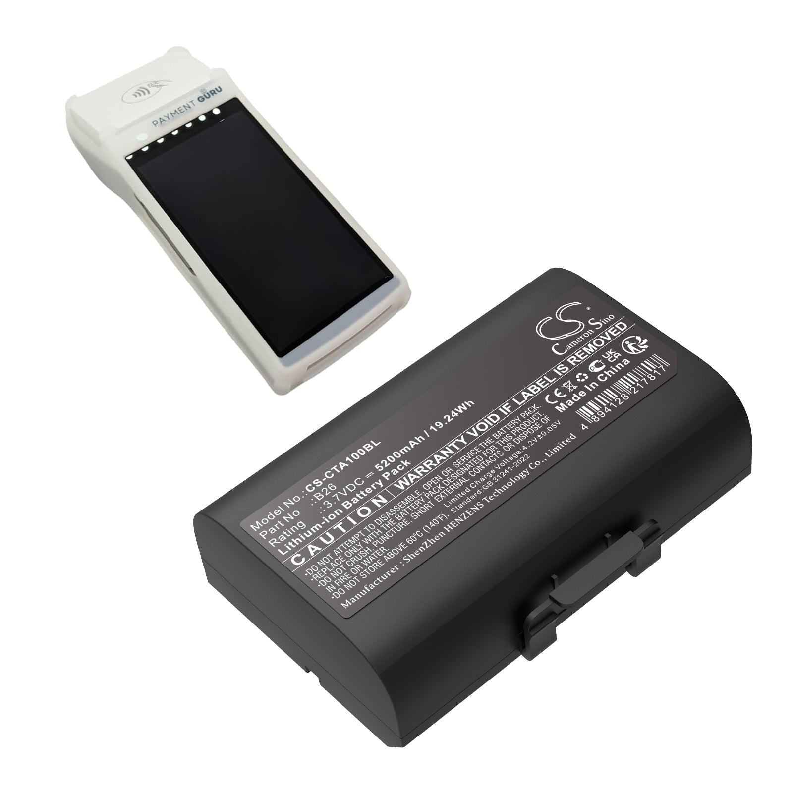 3.7V, Li-ion, 5200mAh, Battery fits Castles Saturn 1000 S1F2, Saturn 1000F, 19.24Wh Payment Terminal Cameron Sino Technology Limited