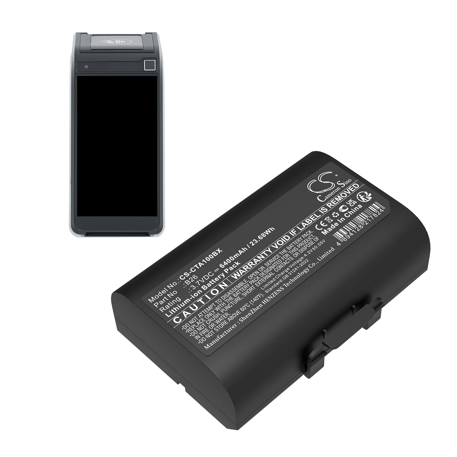 3.7V, Li-ion, 6400mAh, Battery fits Castles Saturn 1000 S1F2, Saturn 1000F, 23.68Wh Payment Terminal Cameron Sino Technology Limited