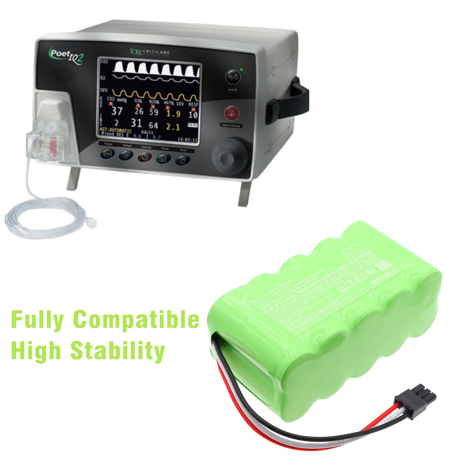 12V, Ni-MH, 2150mAh, Battery fits Criticare 8500Q Anesthetic Gas Monitor, CO2 monitor, 25.8Wh Medical Cameron Sino Technology Limited