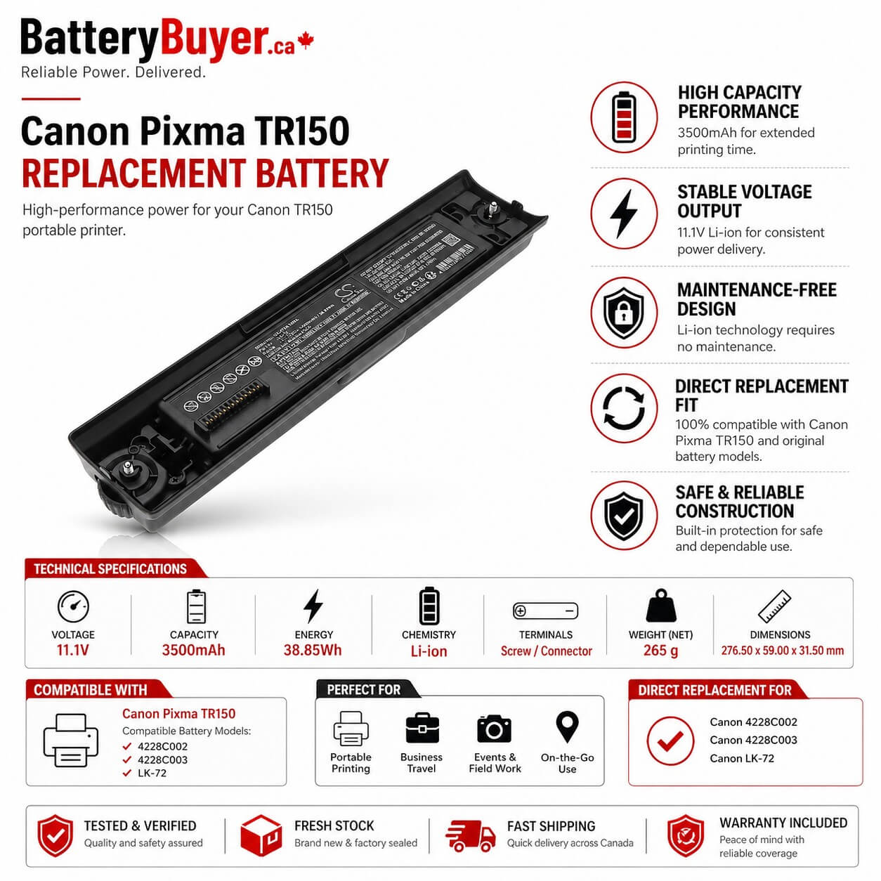Canon Pixma TR150 Battery 11.1V 3500mAh Li Ion 38.85Wh Compatible with Canon 4228C002 4228C003 LK72 Printer Cameron Sino Technology Limited