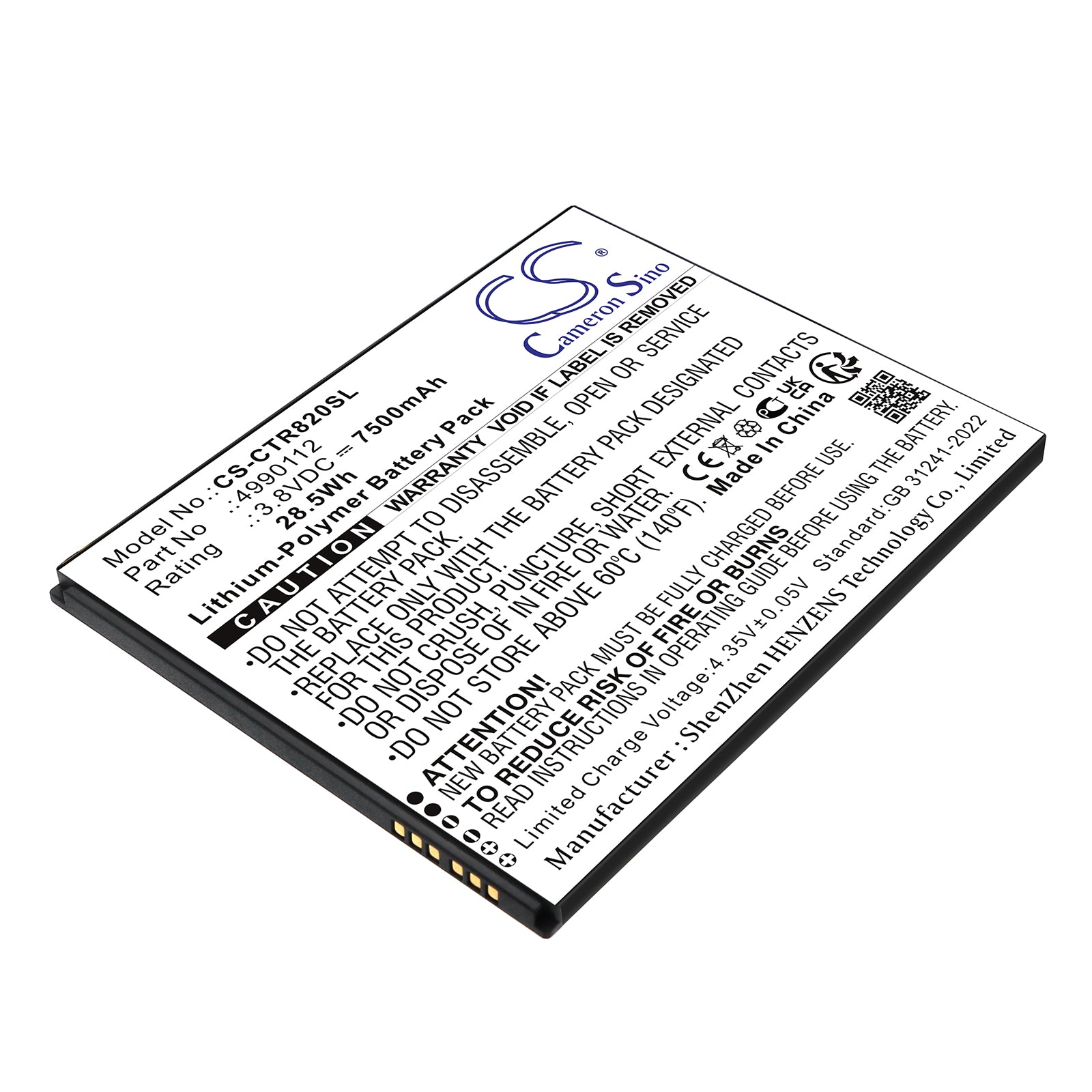 3.8V, Li-Polymer, 7500mAh, Battery fits Cedar CT8, CT8X2, 28.5Wh Diagnostic Scanner Cameron Sino Technology Limited