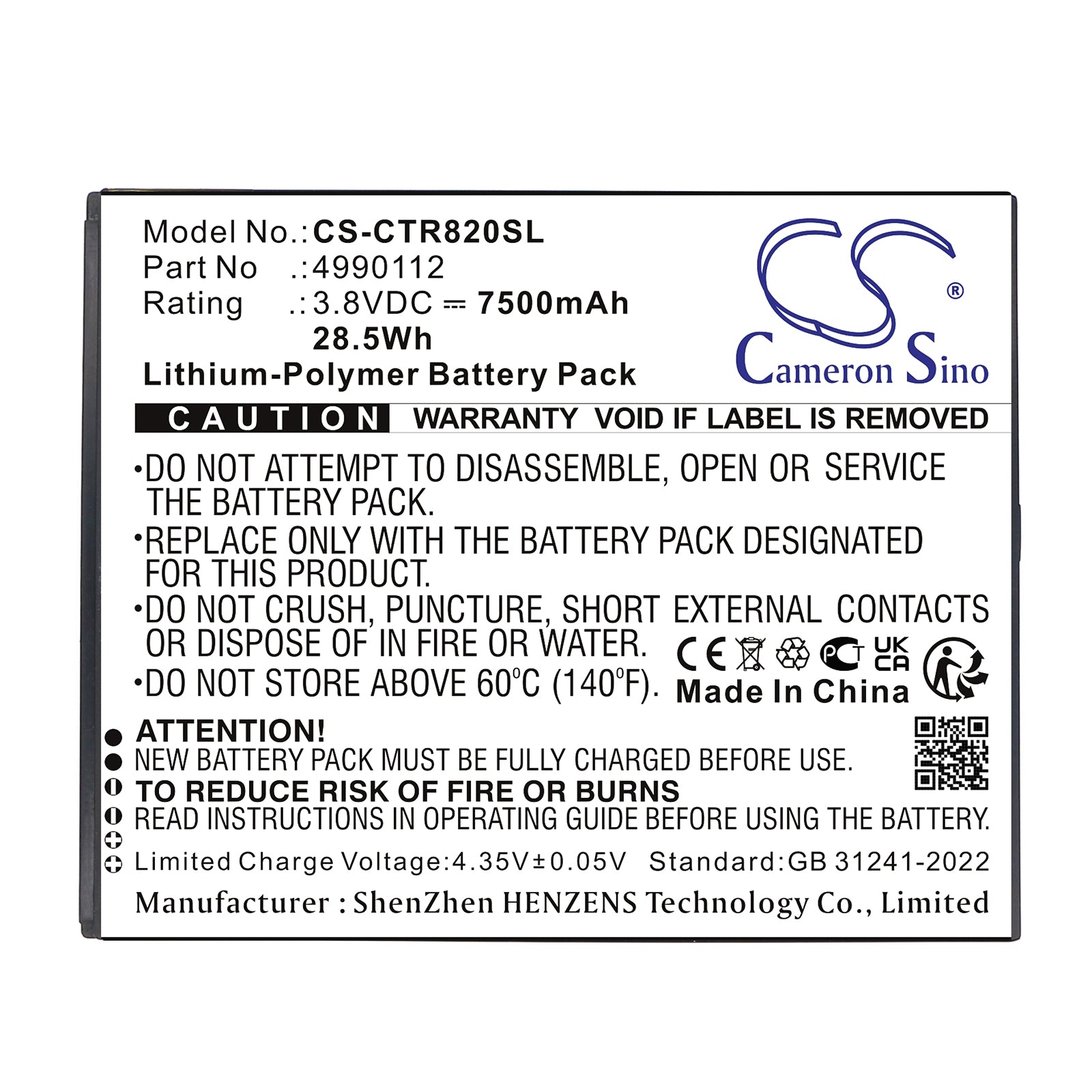 3.8V, Li-Polymer, 7500mAh, Battery fits Cedar CT8, CT8X2, 28.5Wh Diagnostic Scanner Cameron Sino Technology Limited