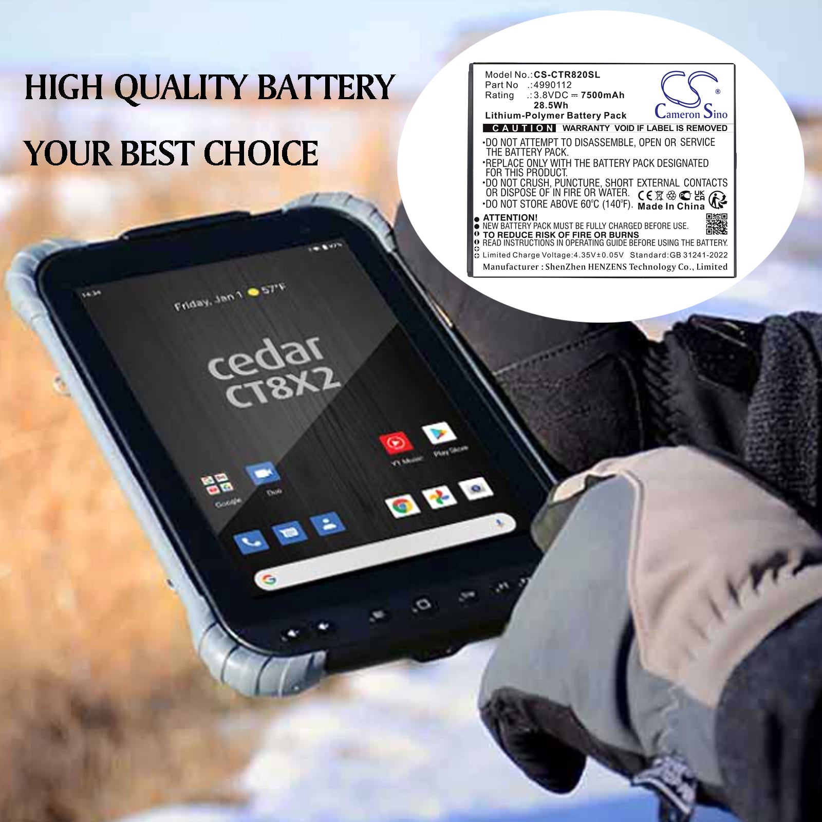 3.8V, Li-Polymer, 7500mAh, Battery fits Cedar CT8, CT8X2, 28.5Wh Diagnostic Scanner Cameron Sino Technology Limited
