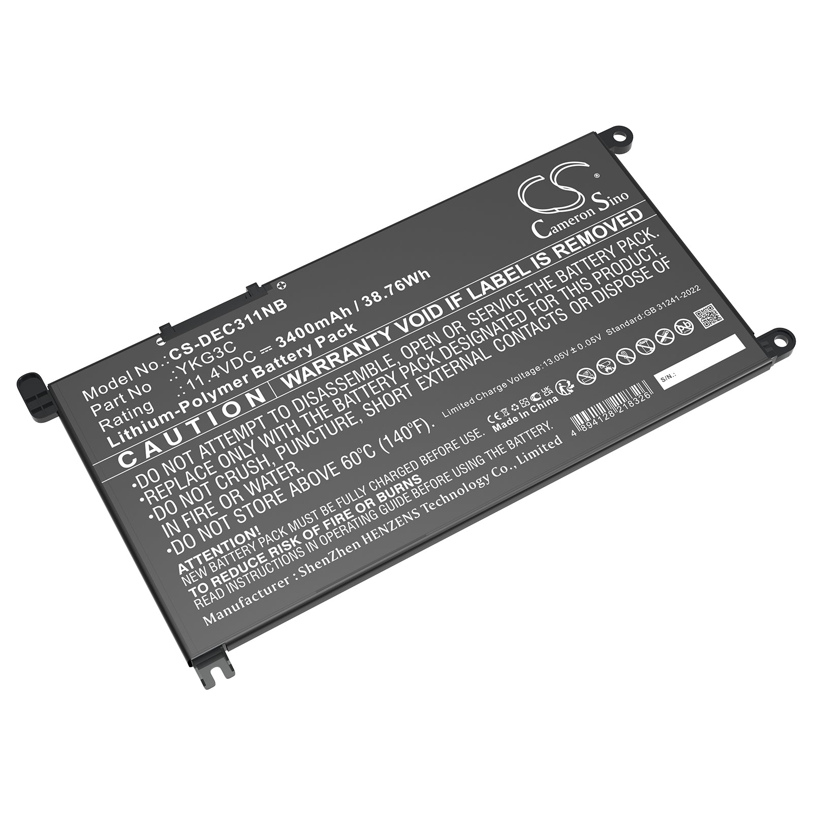 11.4V, Li-Polymer, 3400mAh, Battery fits Dell Chromebook 3110, Chromebook 3110 2-in-1, 38.76Wh Notebook, Laptop Cameron Sino Technology Limited