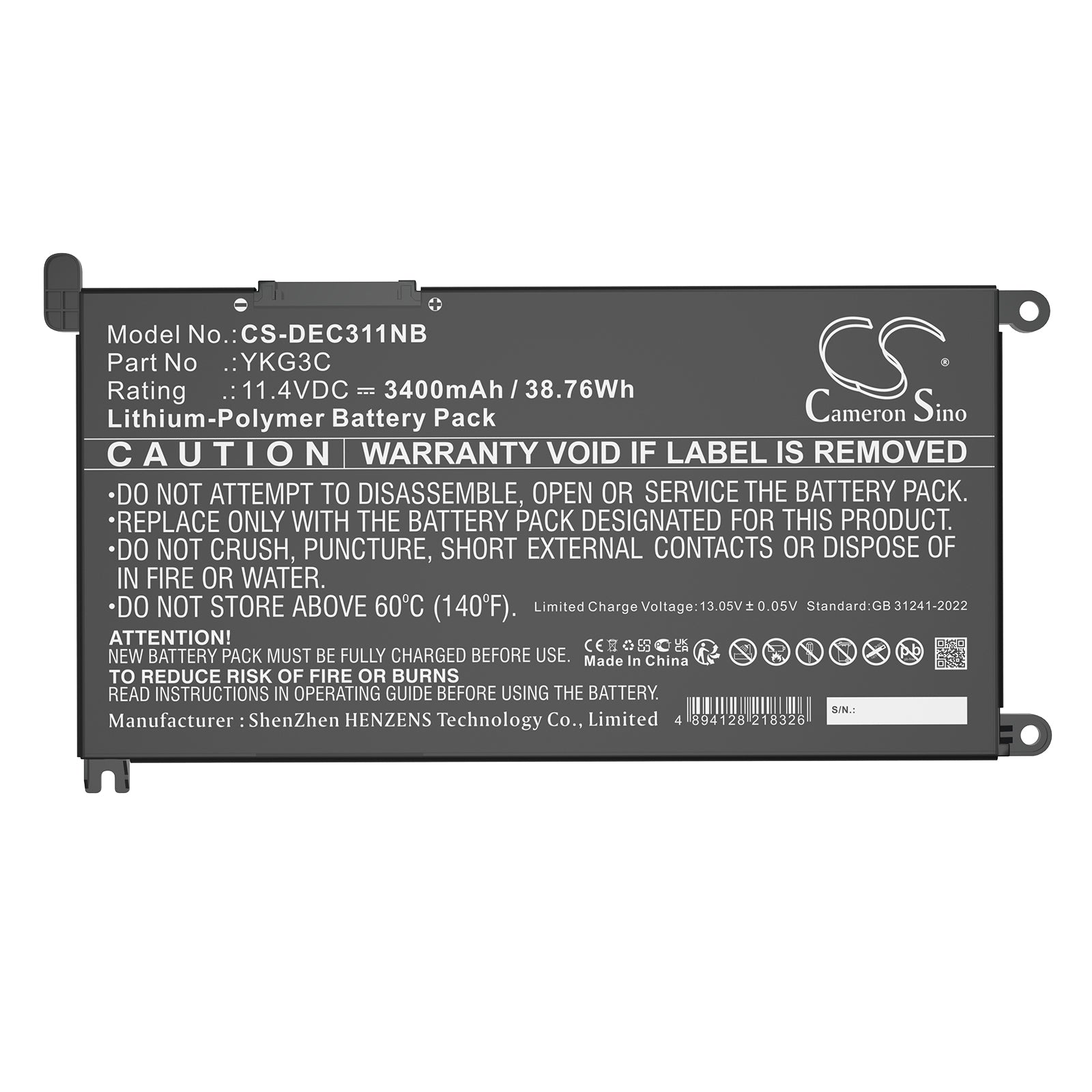 11.4V, Li-Polymer, 3400mAh, Battery fits Dell Chromebook 3110, Chromebook 3110 2-in-1, 38.76Wh Notebook, Laptop Cameron Sino Technology Limited