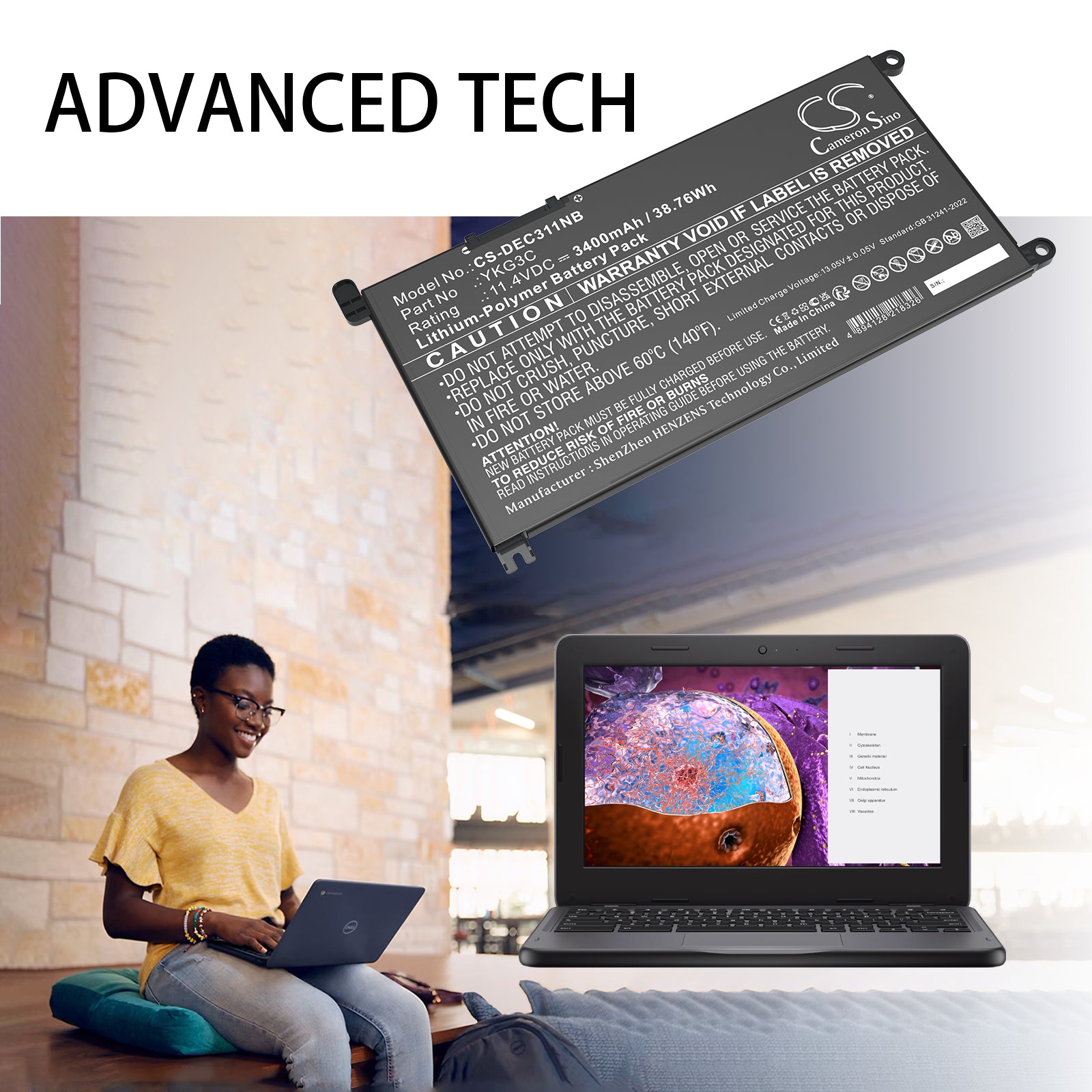 11.4V, Li-Polymer, 3400mAh, Battery fits Dell Chromebook 3110, Chromebook 3110 2-in-1, 38.76Wh Notebook, Laptop Cameron Sino Technology Limited
