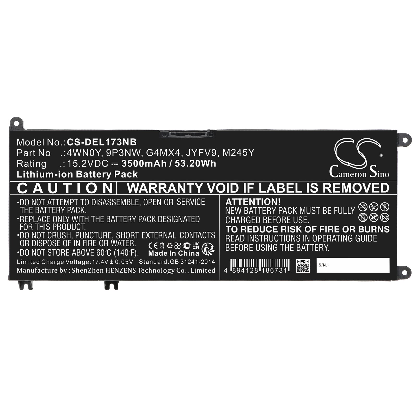 Li-ion, Notebook, Laptop Battery fits Dell Inspiron 13 7353, Inspiron 13 7577, 15.2V, 3500mAh Notebook, Laptop Cameron Sino Technology Limited