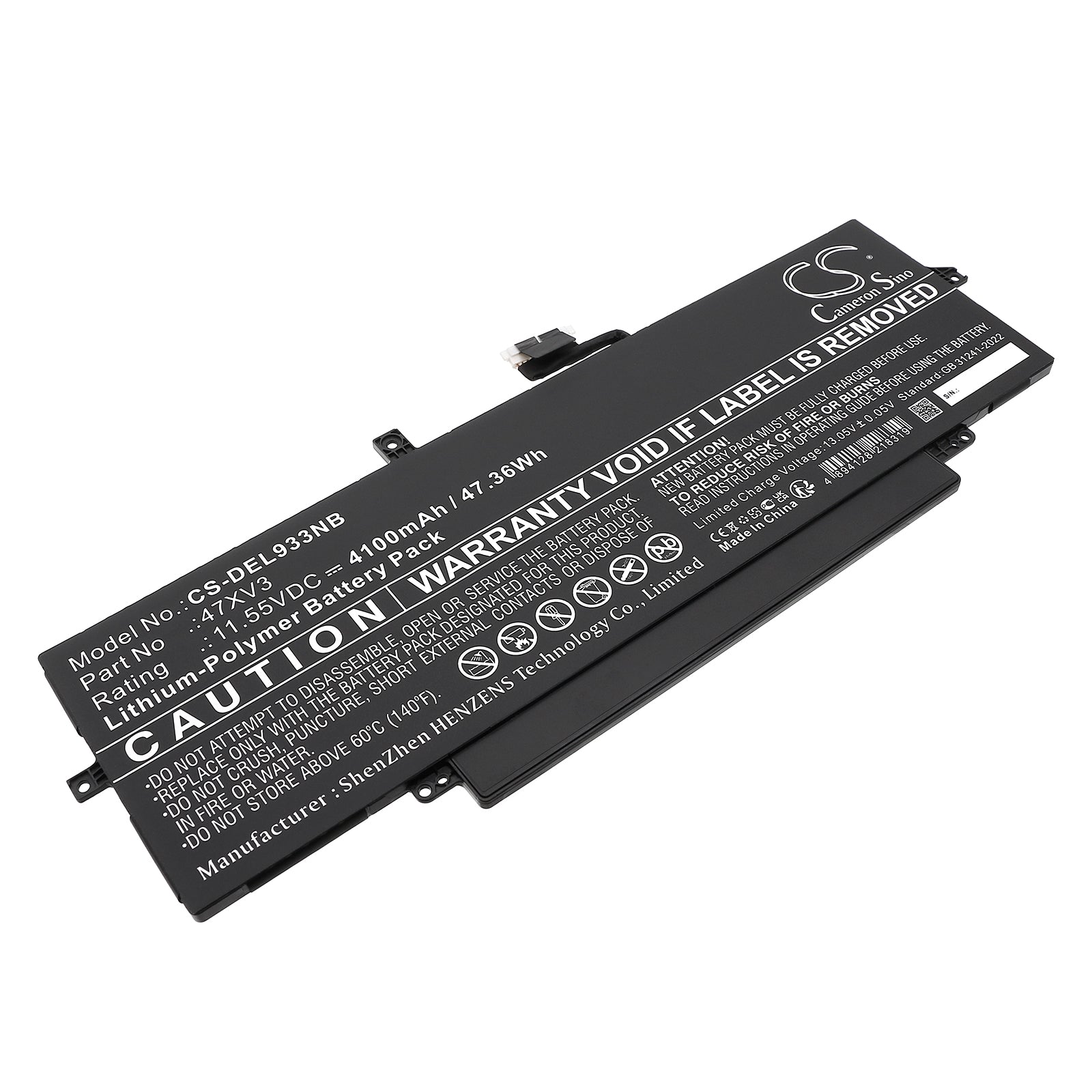 11.55V, Li-Polymer, 4100mAh, Battery fits Dell Latitude 9330, Latitude 9330 2-in-1, 47.36Wh Notebook, Laptop Cameron Sino Technology Limited