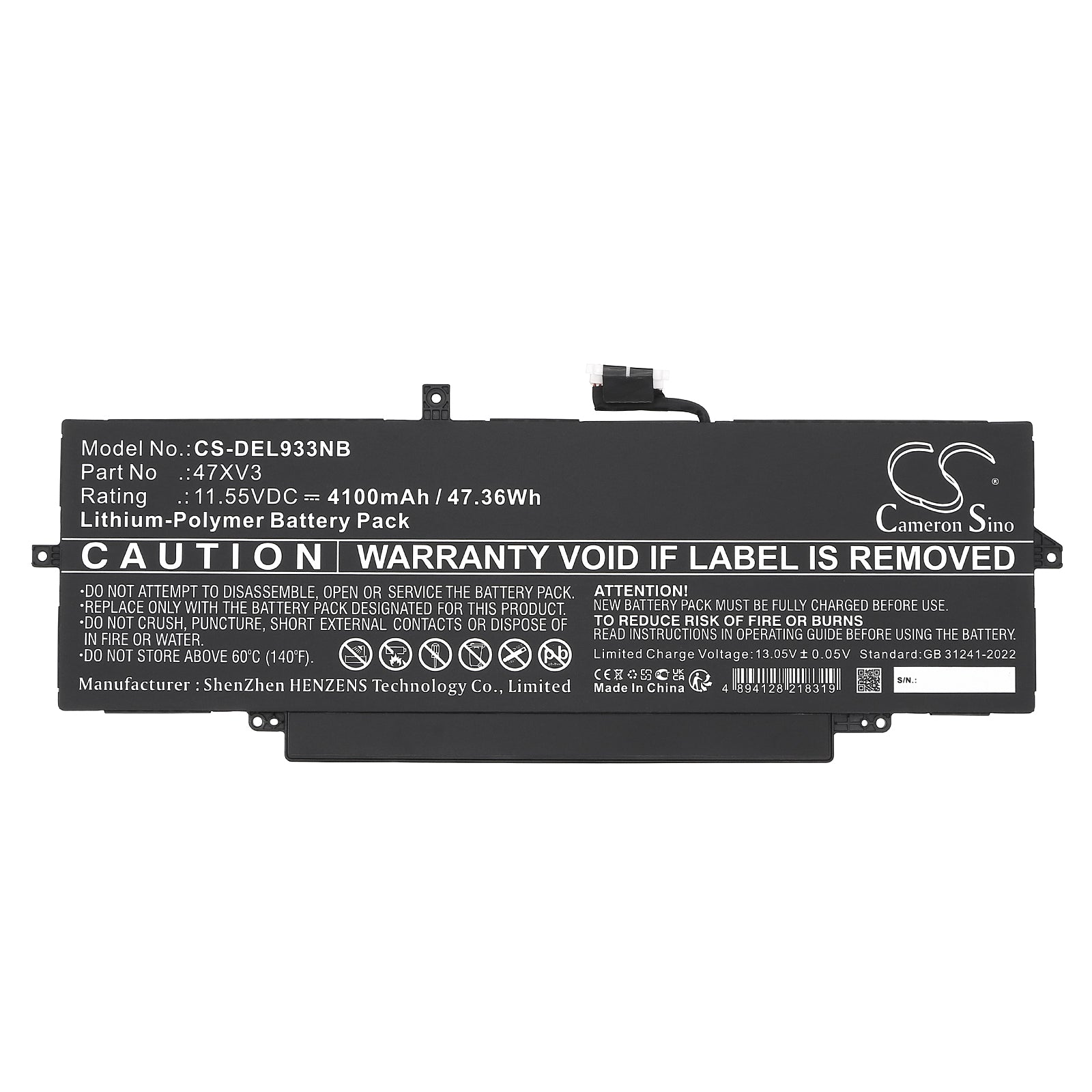11.55V, Li-Polymer, 4100mAh, Battery fits Dell Latitude 9330, Latitude 9330 2-in-1, 47.36Wh Notebook, Laptop Cameron Sino Technology Limited