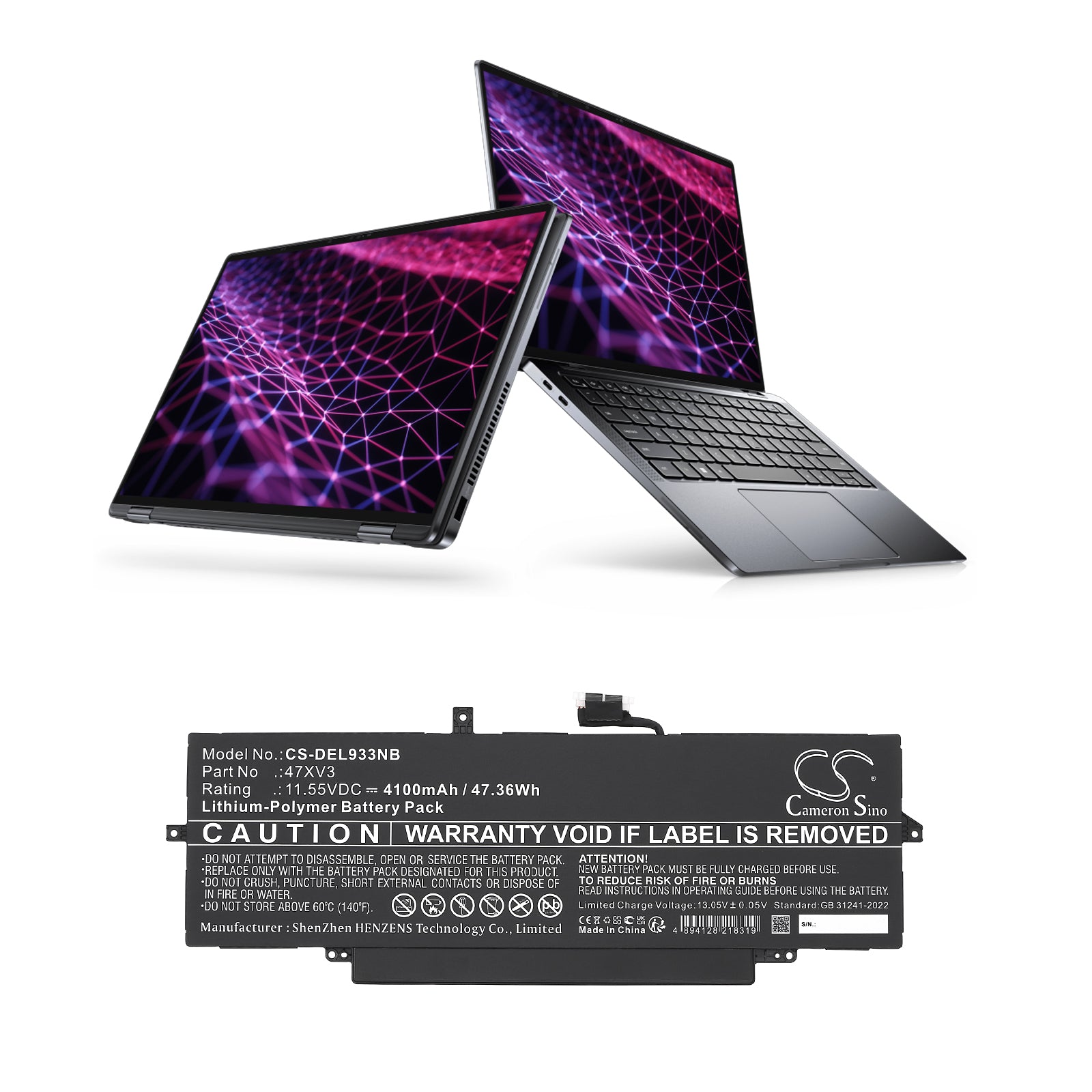 11.55V, Li-Polymer, 4100mAh, Battery fits Dell Latitude 9330, Latitude 9330 2-in-1, 47.36Wh Notebook, Laptop Cameron Sino Technology Limited