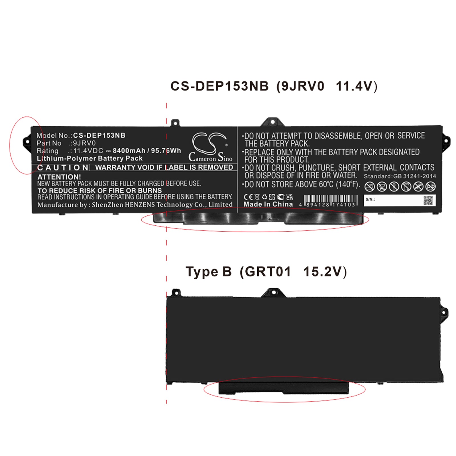 Li-Polymer, Notebook, Laptop Battery fits Dell Precision 15 3561, 11.4V, 8400mAh Notebook, Laptop Cameron Sino Technology Limited