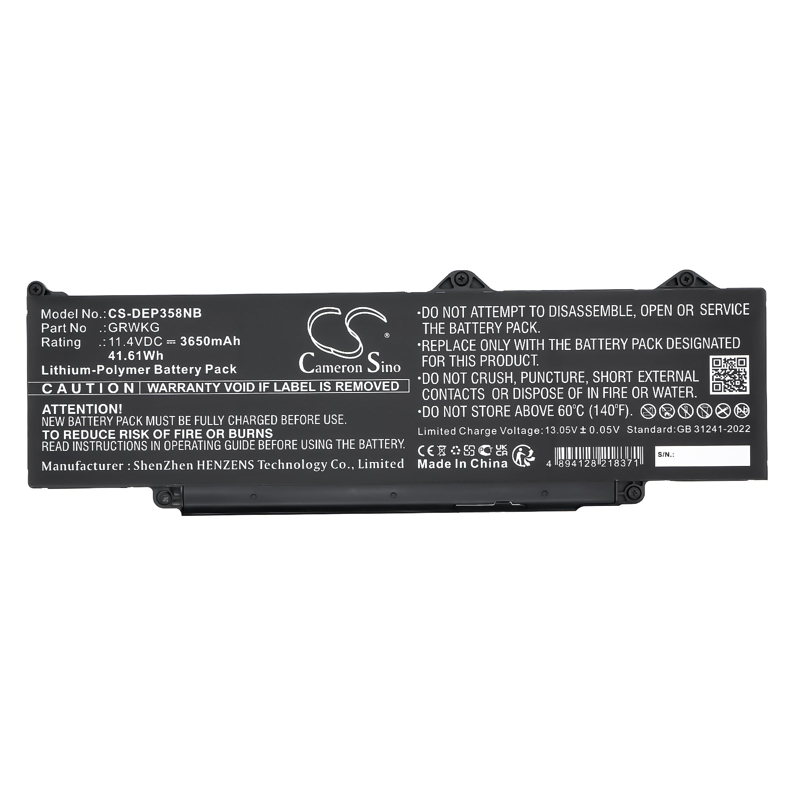 11.4V, Li-Polymer, 3650mAh, Battery fits Dell Precision 15 3580, Precision 15 3580 5CHPK, 41.61Wh Notebook, Laptop Cameron Sino Technology Limited
