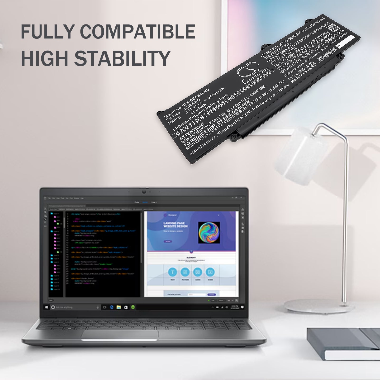 11.4V, Li-Polymer, 3650mAh, Battery fits Dell Precision 15 3580, Precision 15 3580 5CHPK, 41.61Wh Notebook, Laptop Cameron Sino Technology Limited