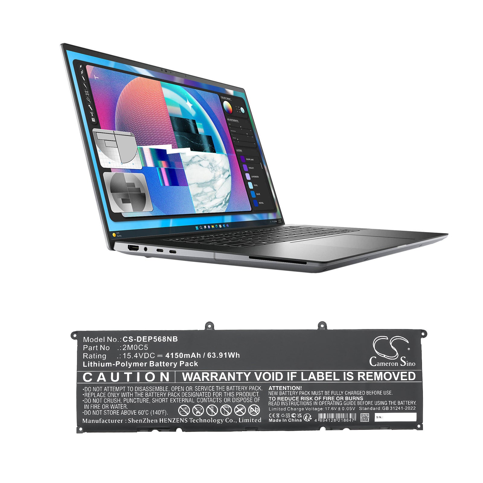 15.4V, Li-Polymer, 4150mAh, Battery fits Dell Precision 5680, 63.91Wh Notebook, Laptop Cameron Sino Technology Limited