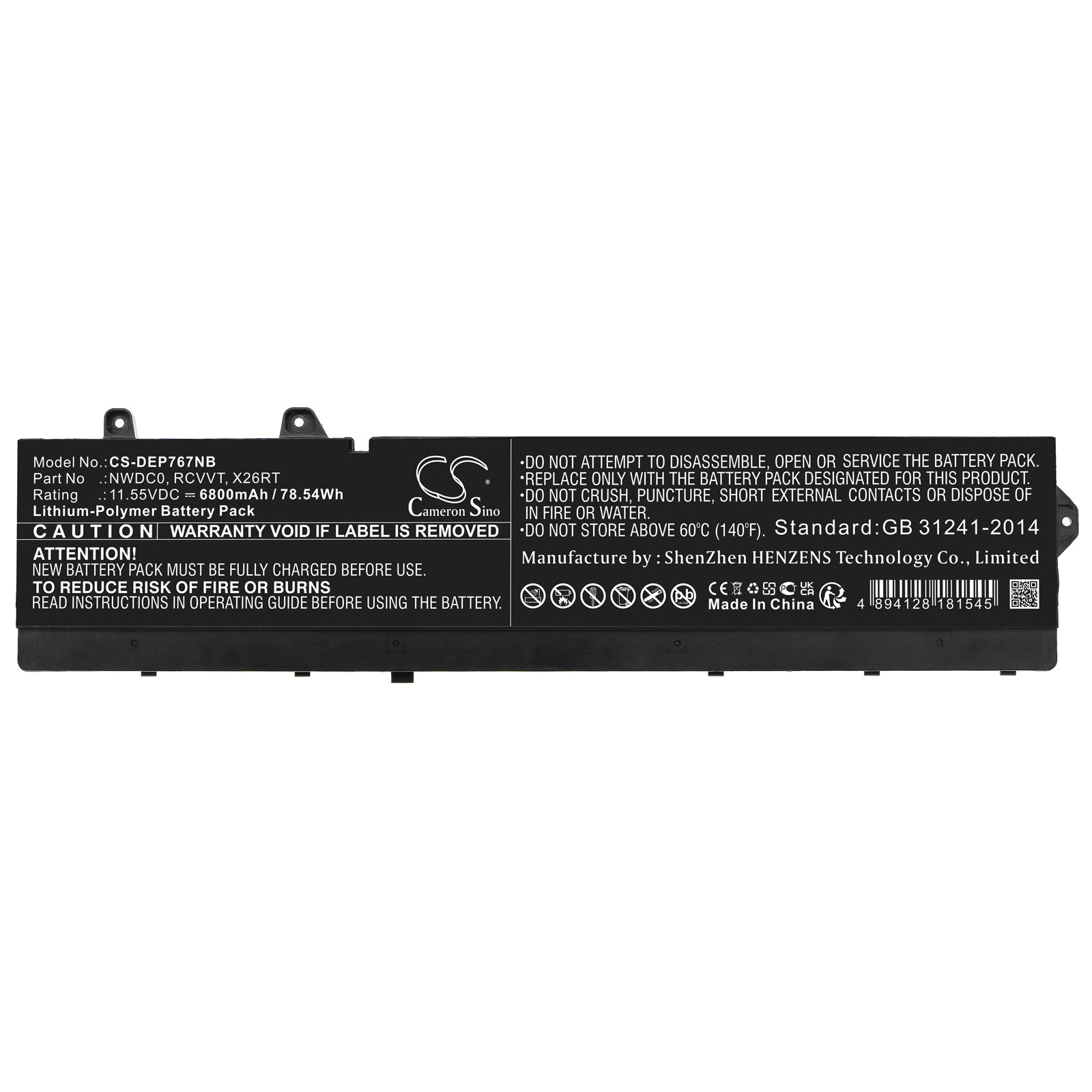 11.55V, Li-Polymer, 6800mAh, Battery fits Dell Precision 7670, 78.54Wh Notebook, Laptop Cameron Sino Technology Limited