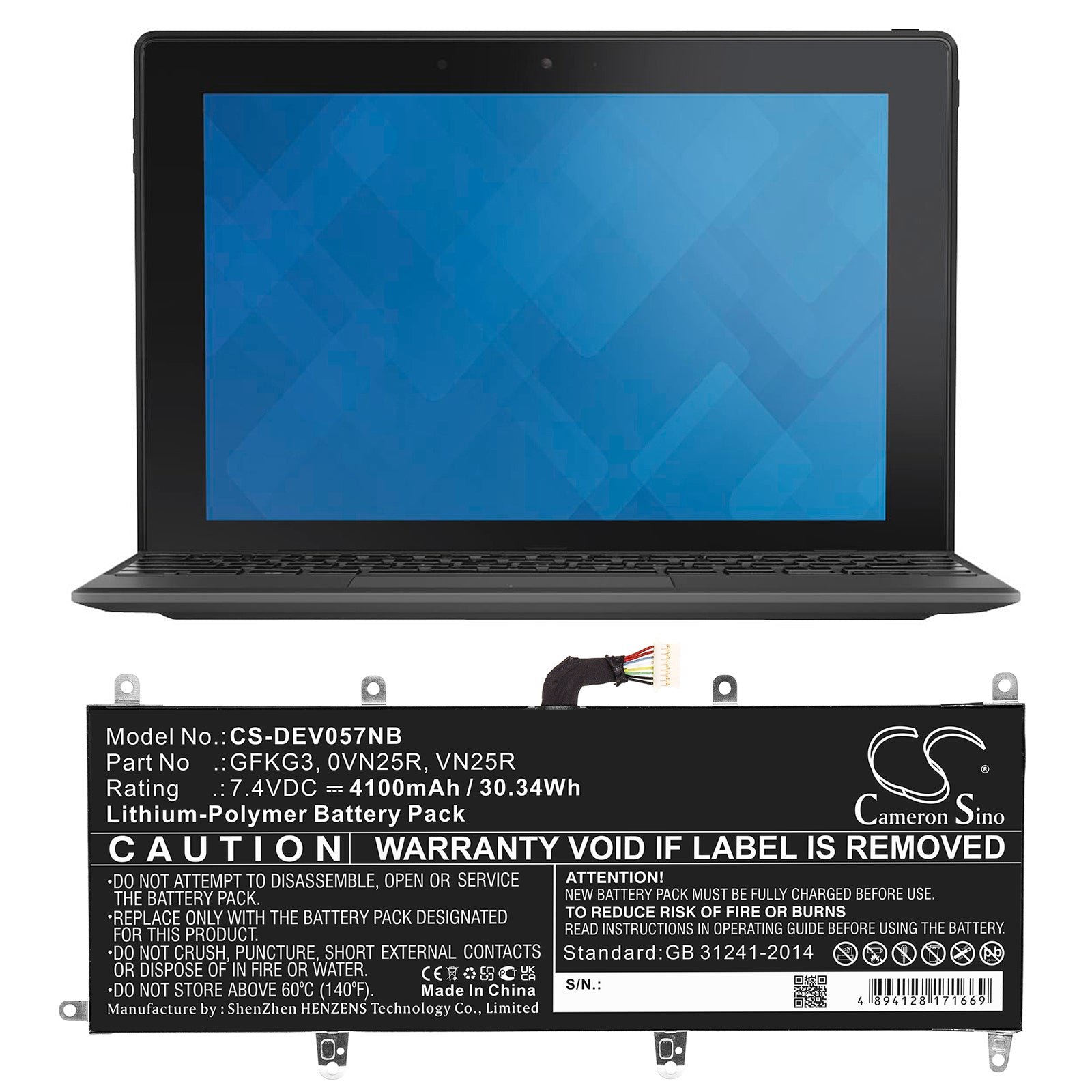 Li-Polymer, Notebook, Laptop Battery fits Dell Venue 10 Pro, Venue 10 Pro 5056, 7.4V, 4100mAh Notebook, Laptop Cameron Sino Technology Limited