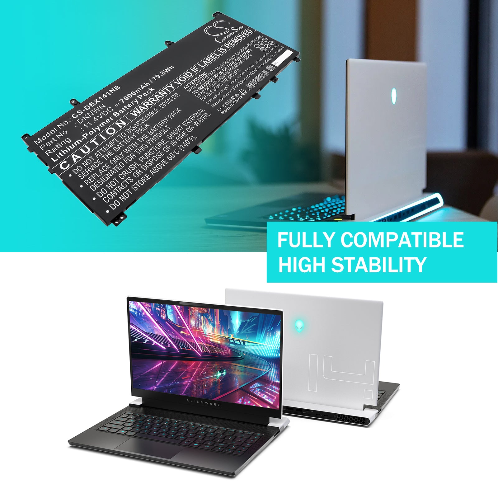11.4V, Li-Polymer, 7000mAh, Battery fits Dell Alienware X14 R1, Alienware X14 R2, 79.8Wh Notebook, Laptop Cameron Sino Technology Limited
