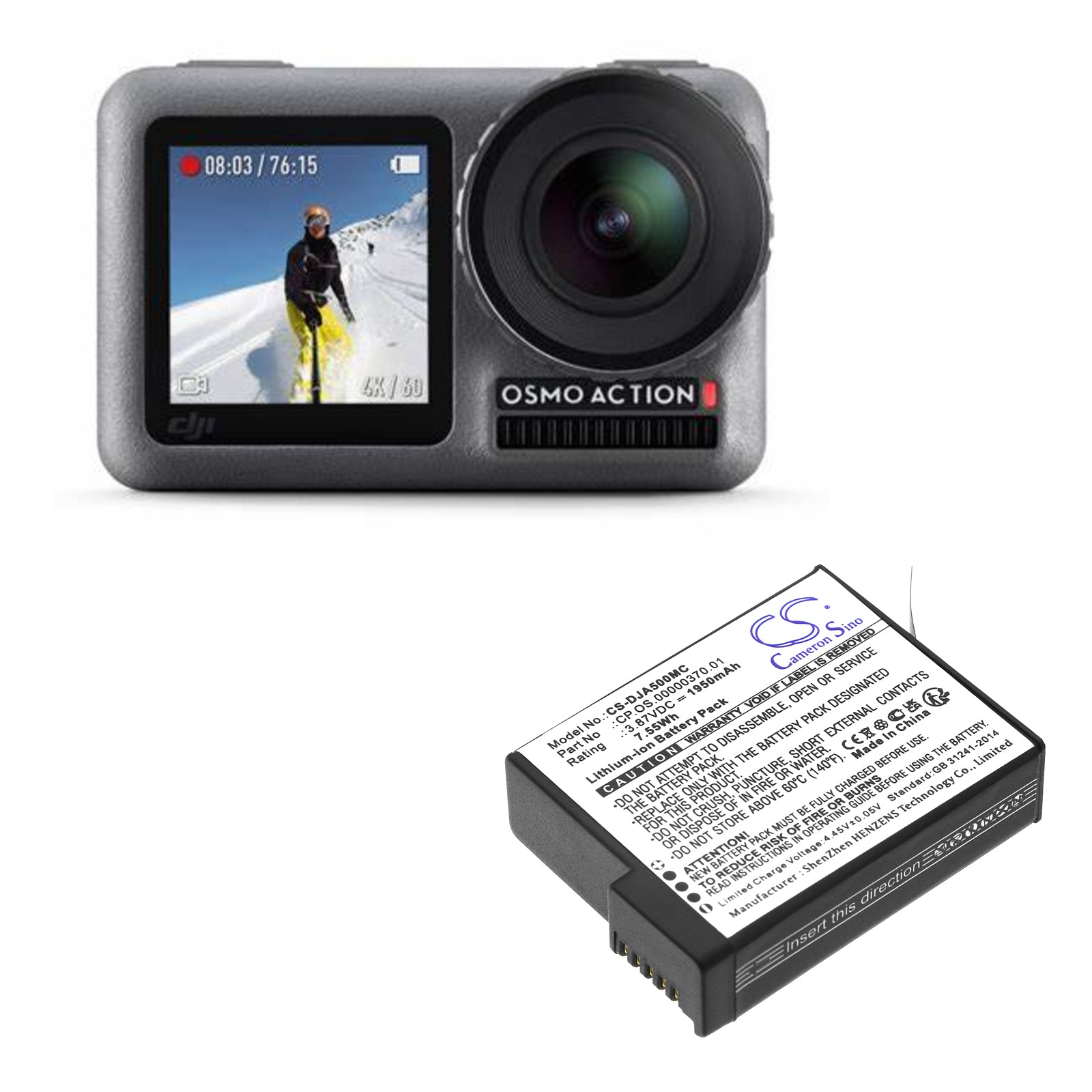 Li-ion, Camera Battery fits Dji Osmo Action 5, 3.87V, 1950mAh Camera Cameron Sino Technology Limited