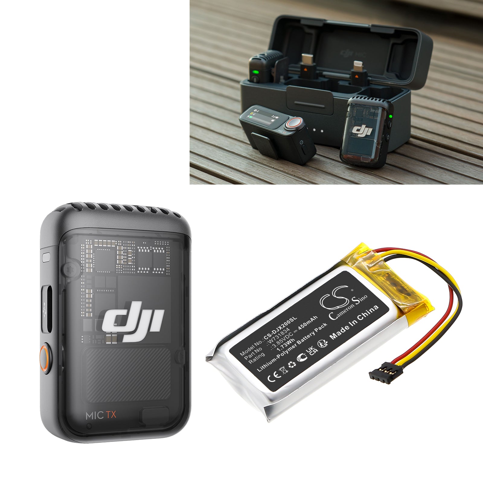 3.85V, Li-Polymer, 450mAh, Battery fits DJI MIC 2 Charging Case, 1.73Wh Microphone Cameron Sino Technology Limited