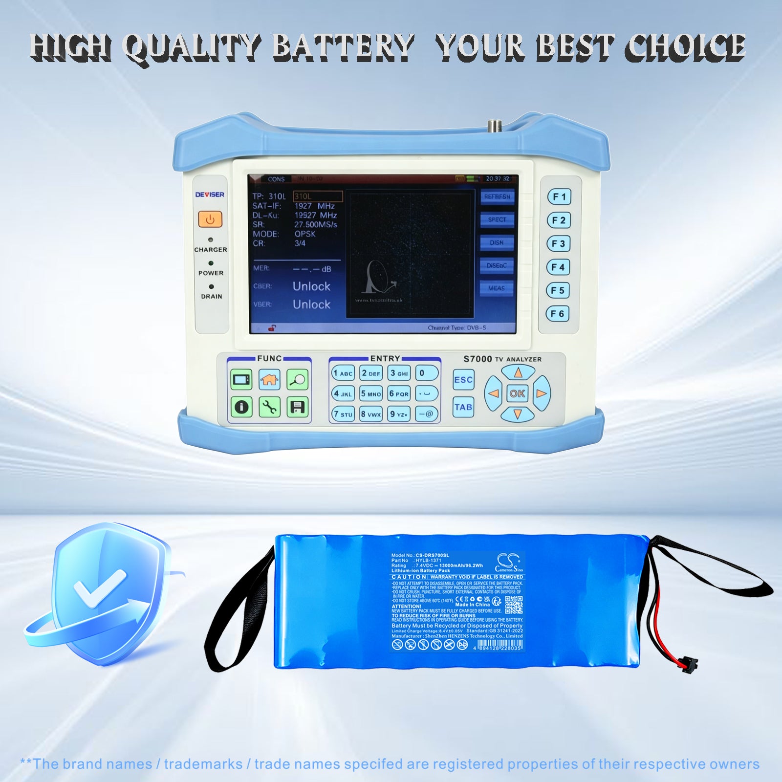 7.4V, Li-ion, 13000mAh, Battery fits Deli S700 broadcast TV signal spectrum analyzer | Deviser S7000, S7200, 96.2Wh Equipment, Survey, Test Cameron Sino Technology Limited
