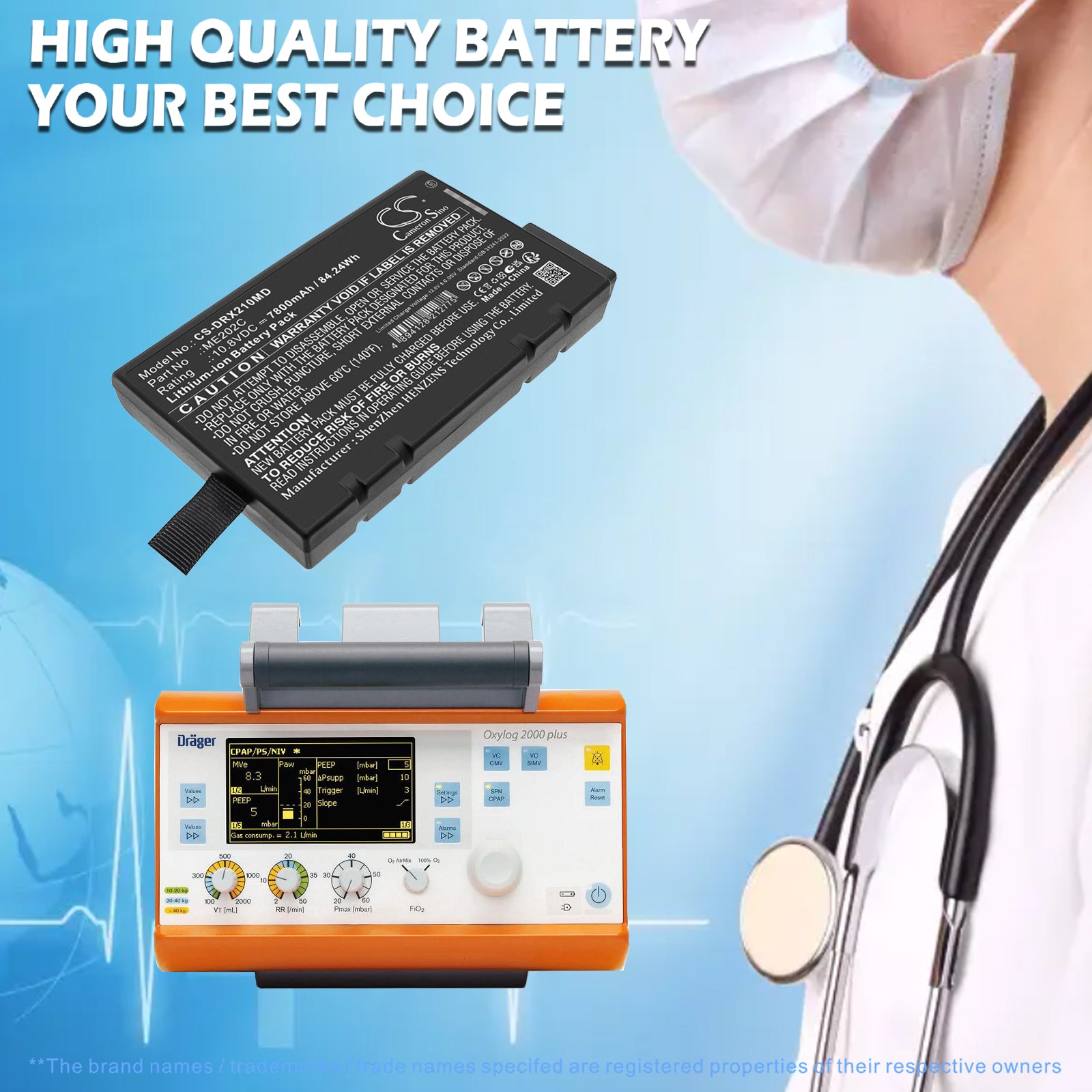 10.8V, Li-ion, 7800mAh, Battery fits Drager Oxylog 2000 Plus, Oxylog 2000+, 84.24Wh Medical Cameron Sino Technology Limited