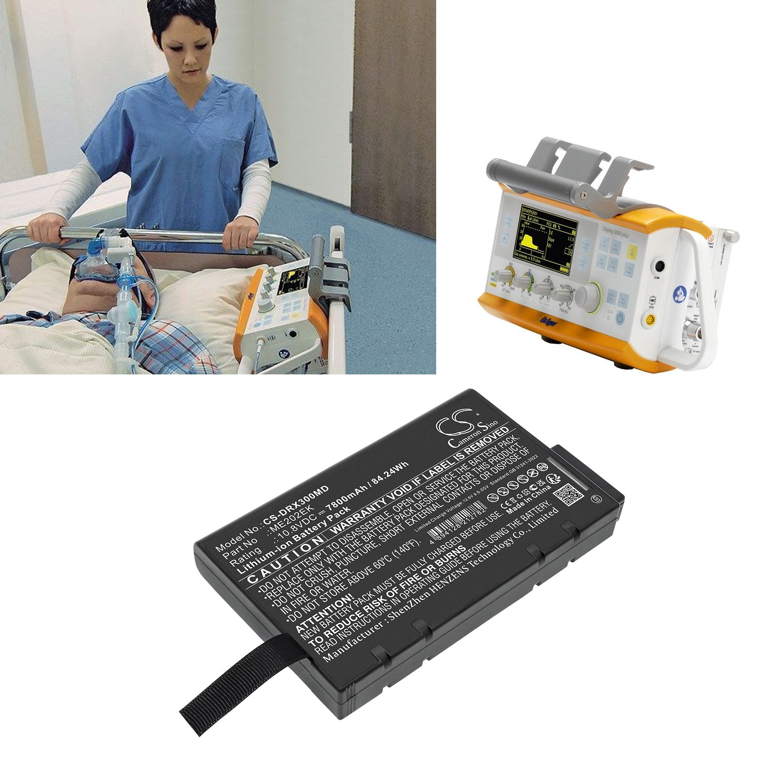 10.8V, Li-ion, 7800mAh, Battery fits Drager Oxylog 2000, Oxylog 3000, 84.24Wh Medical Cameron Sino Technology Limited
