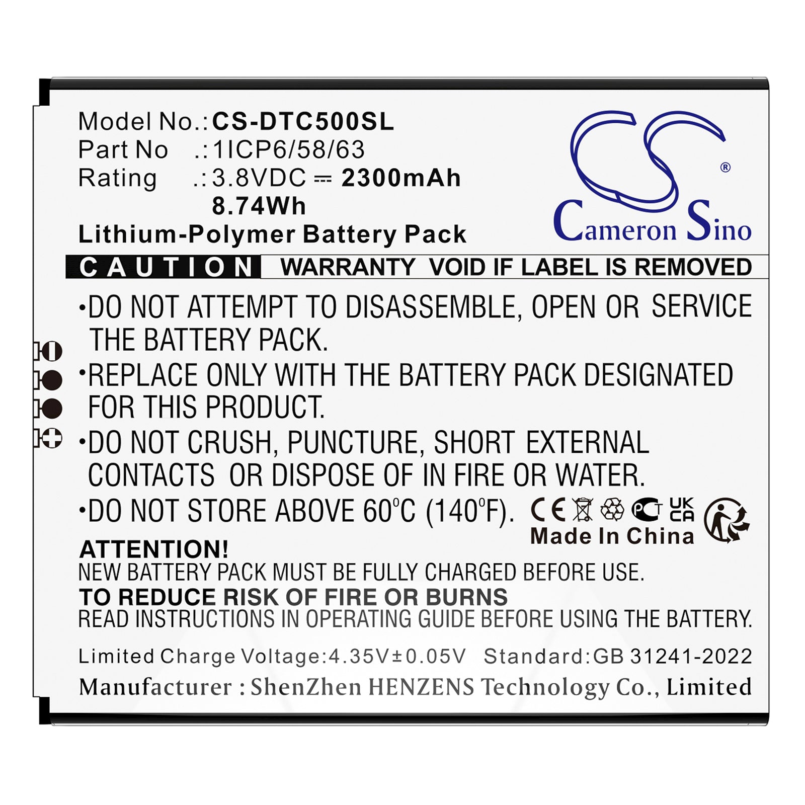 3.8V, Li-Polymer, 2300mAh, Battery fits DATECS BlueCase 50, BluePad 5500 Plus, 8.74Wh Portable Printer Cameron Sino Technology Limited