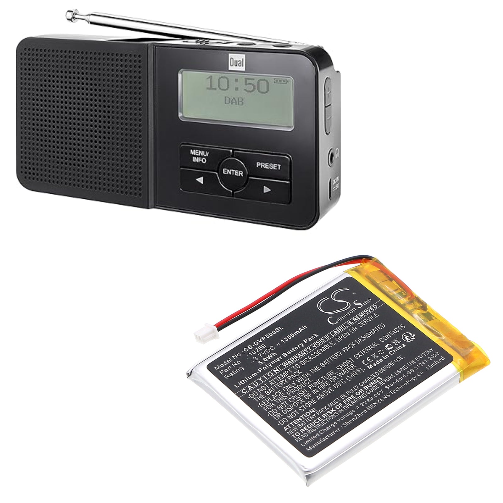 3.7V, Li-Polymer, 1350mAh, Battery fits Dual DAB Pocket Radio 5, 5Wh DAB Digital Cameron Sino Technology Limited