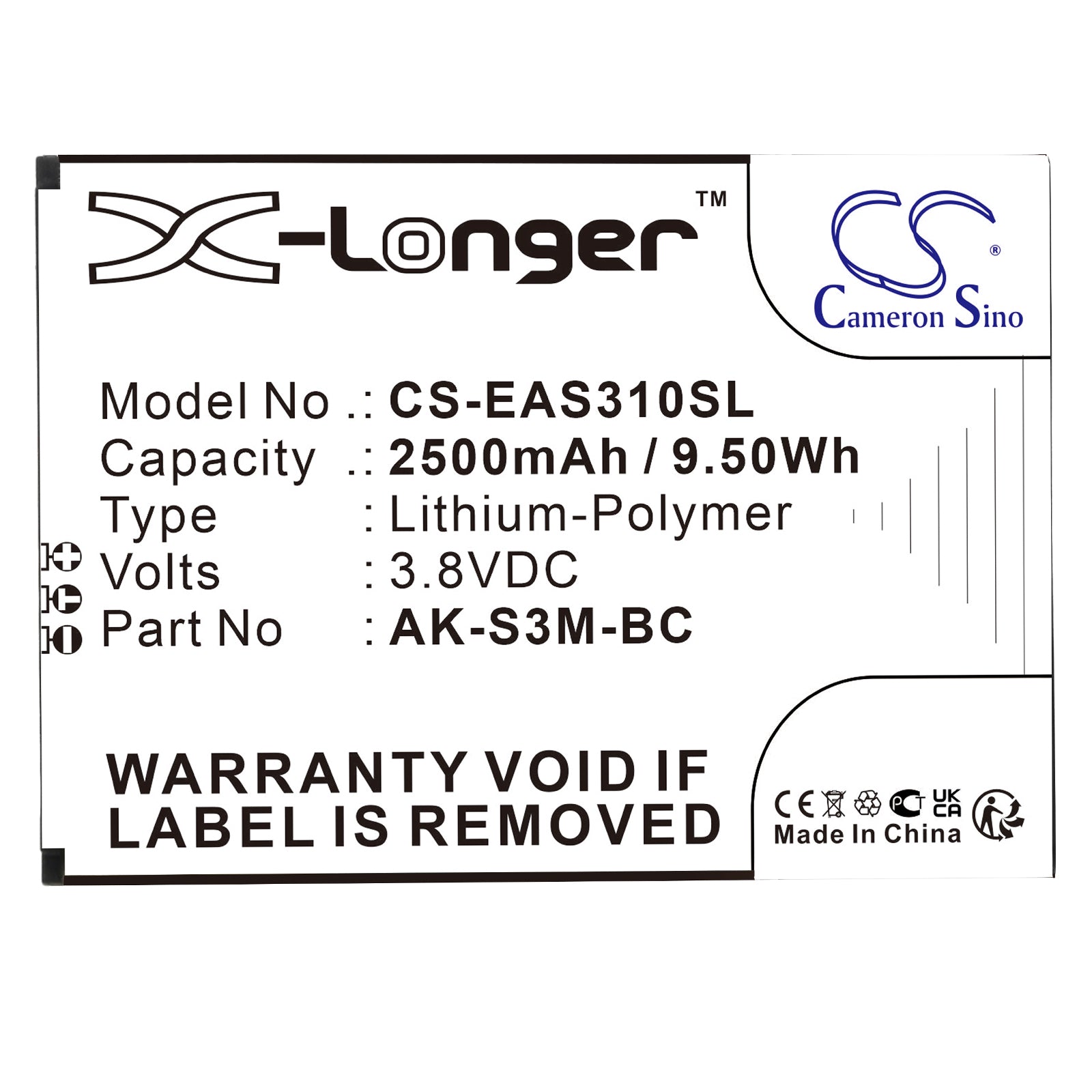 Li-Polymer, Mobile, SmartPhone Battery fits Emporia Smart 3 Mini, Smart 4, 3.8V, 2500mAh Mobile, SmartPhone Cameron Sino Technology Limited